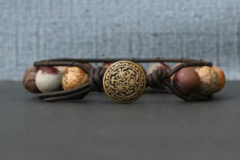 Natural Mix Jasper Bracelet on Brown/Black Leather