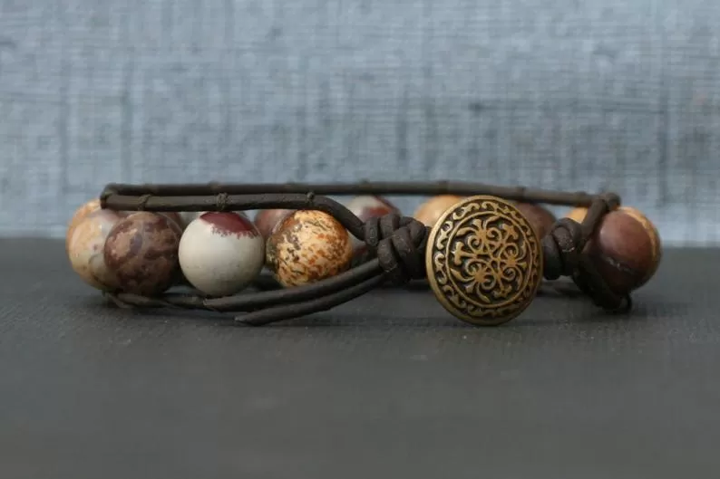 Natural Mix Jasper Bracelet on Brown/Black Leather