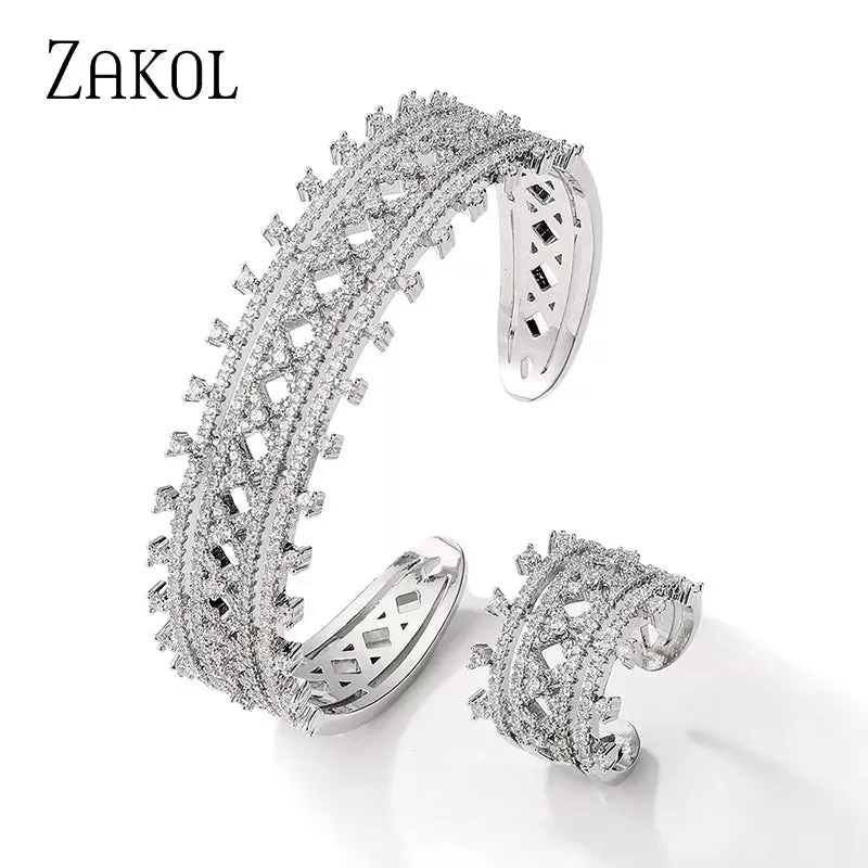 New Exquisite Luxury Geometric Cubic Zirconia Wedding Bracelet Ring Jewelry Sets for Women Silver Color Jewellery Set - B69090