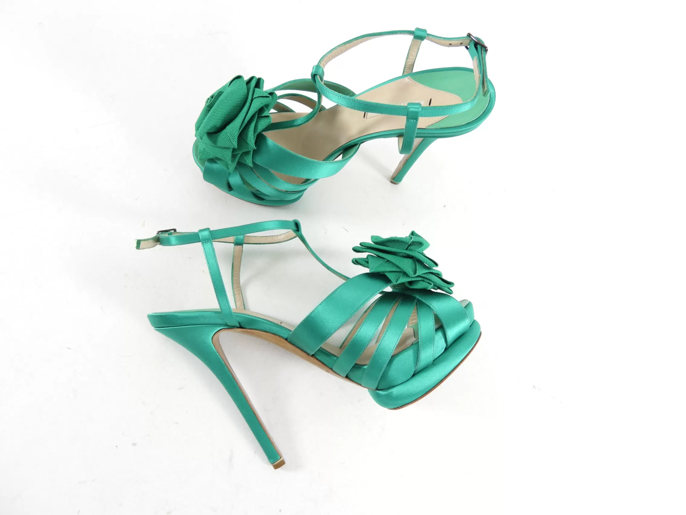 Nicholas Kirkwood Green Satin Platform Bow Sandals - 38 / 7.5