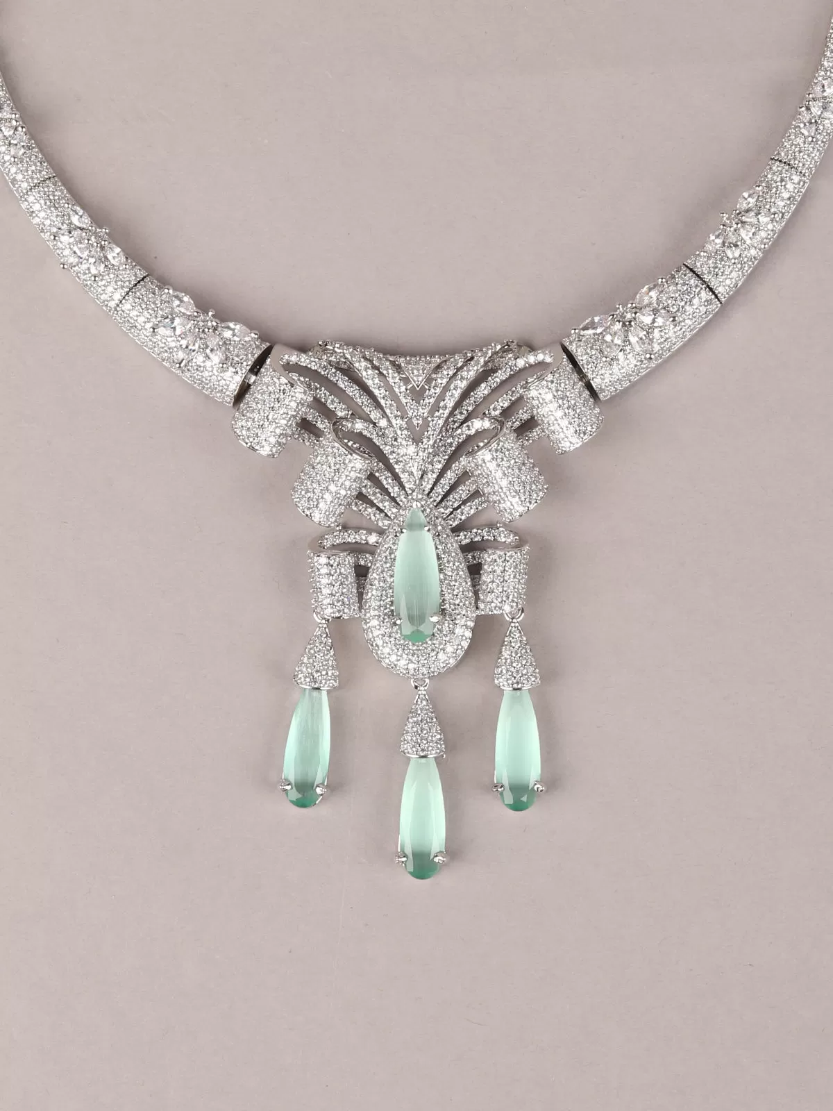 Odette Silver And Aqua Blue Choker Neck Piece Set For Women