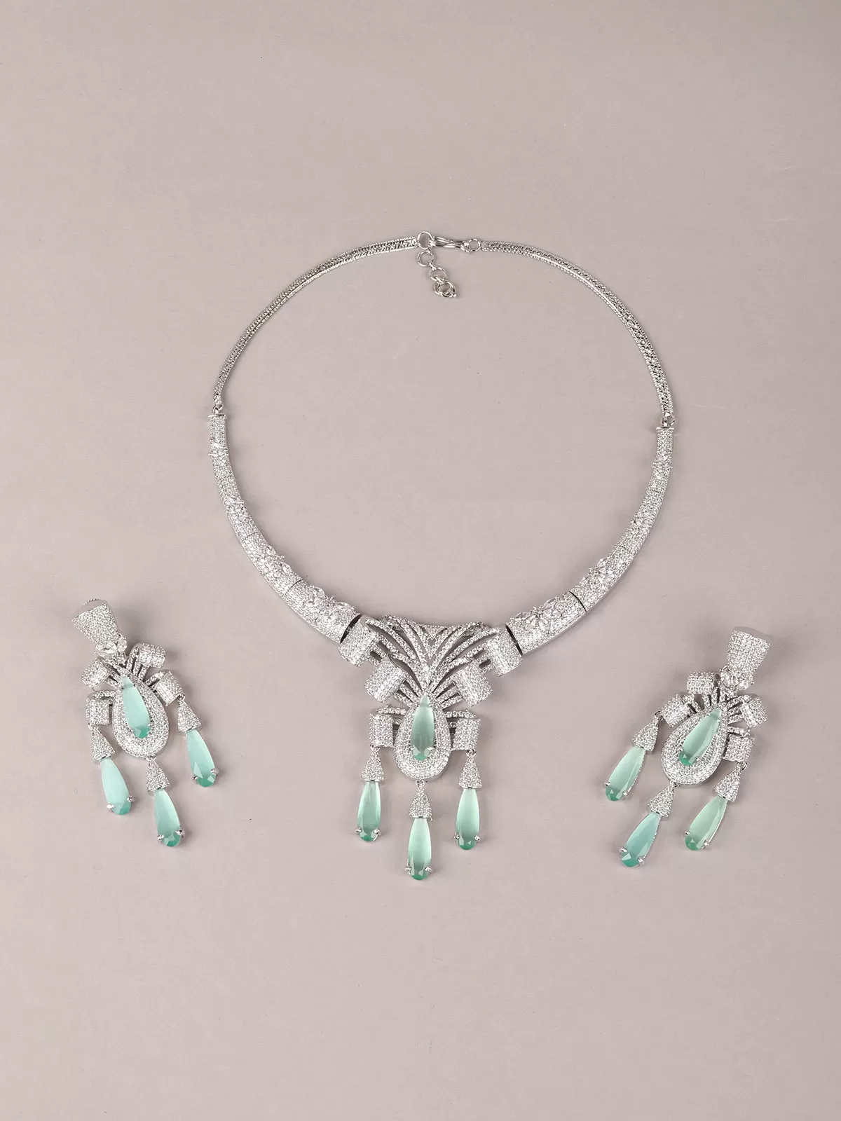 Odette Silver And Aqua Blue Choker Neck Piece Set For Women