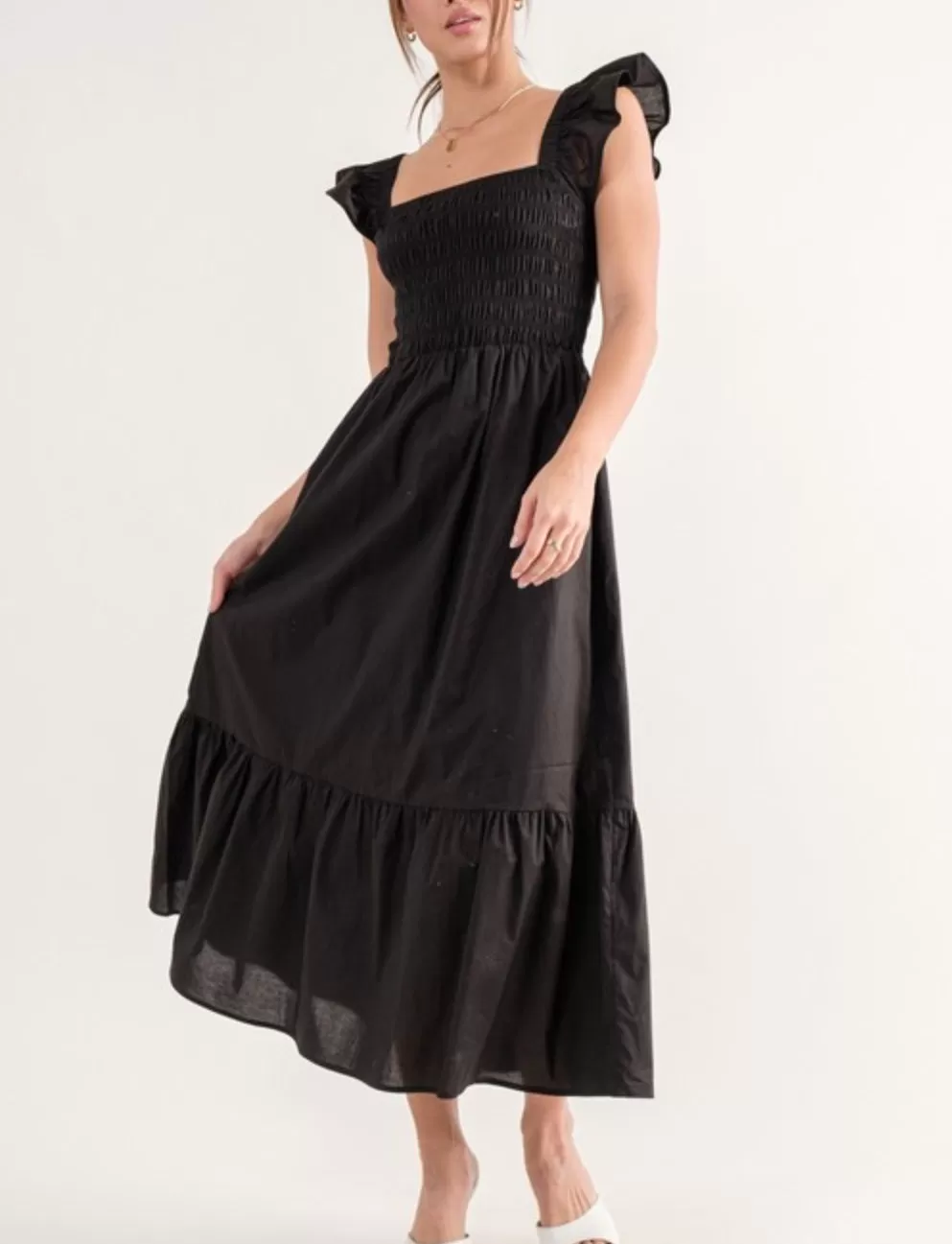 Olivia ruffle smocked torso poplin midi dress - black