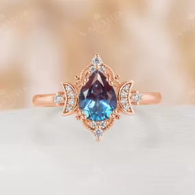 Pear Lab Alexandrite Rose Gold Filigree Celestial Moon Engagement Ring