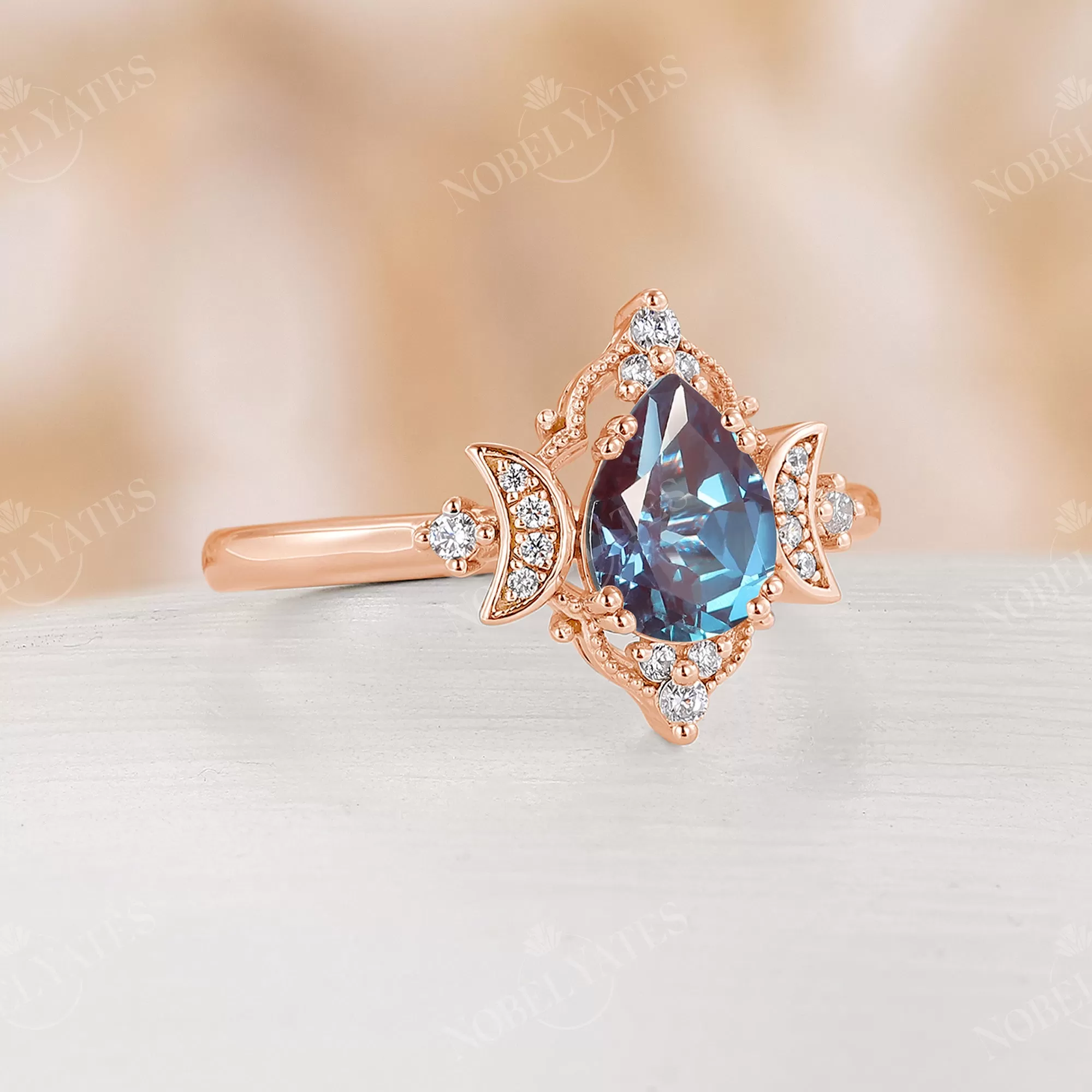 Pear Lab Alexandrite Rose Gold Filigree Celestial Moon Engagement Ring