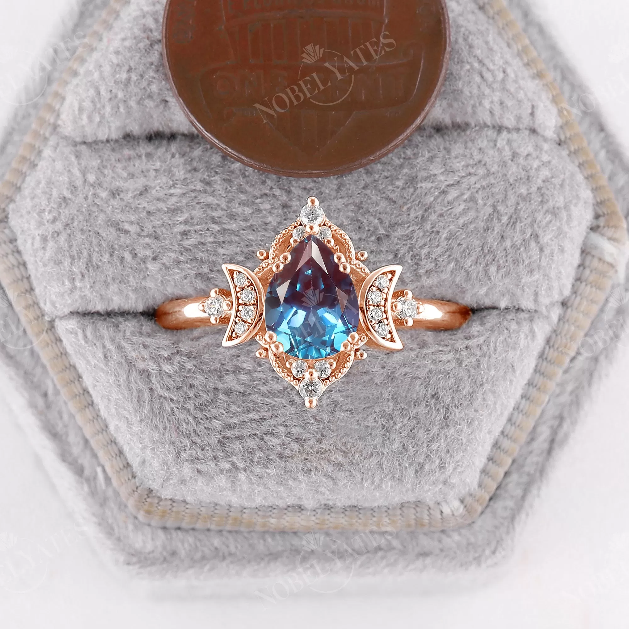 Pear Lab Alexandrite Rose Gold Filigree Celestial Moon Engagement Ring