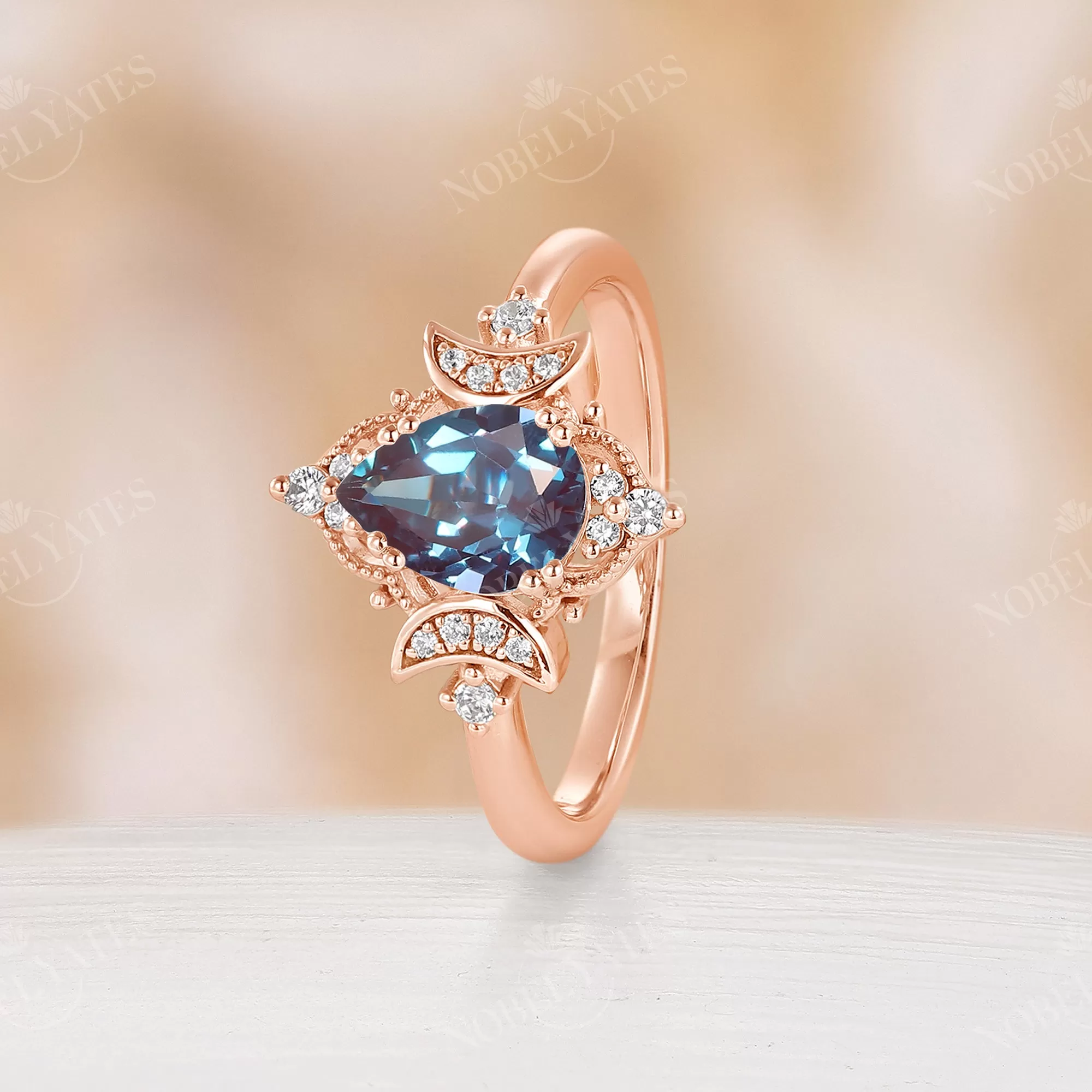 Pear Lab Alexandrite Rose Gold Filigree Celestial Moon Engagement Ring