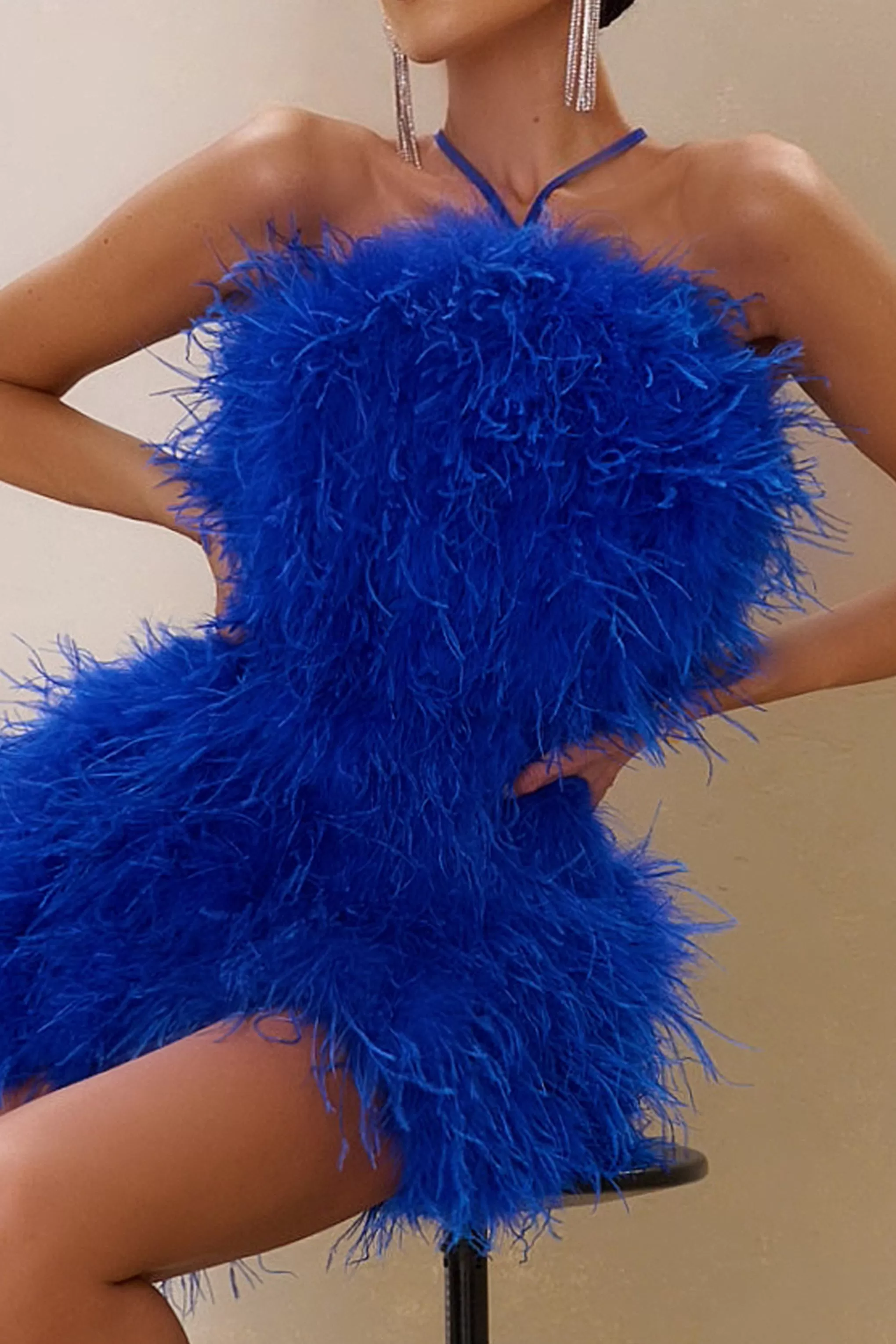 Power Up | Cobalt Blue Feather Halter Neck Mini Dress