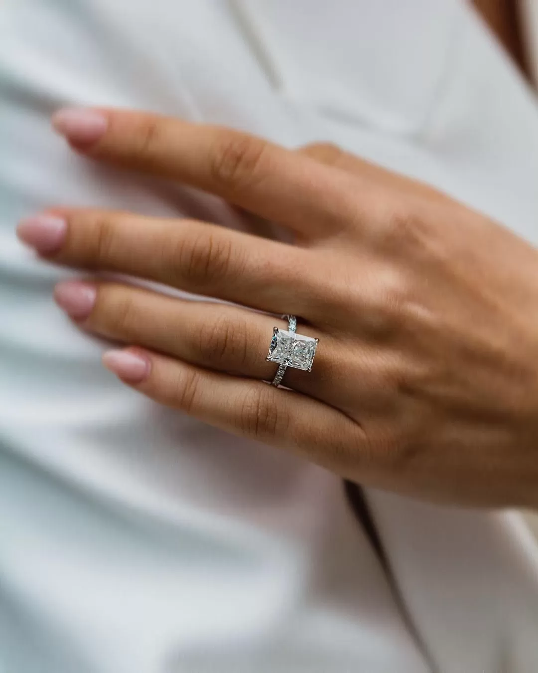 Radiant Cut Moissanite Diamond Under Halo Of Round Moissanite Diamond Ring