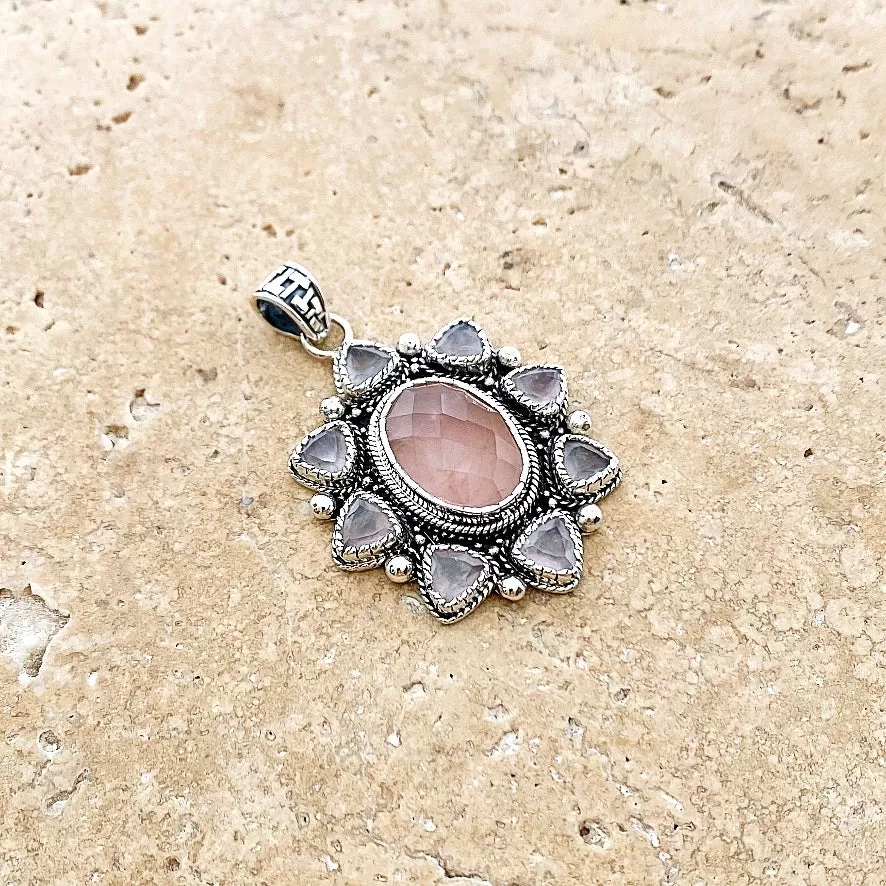 Rose Quartz Oval And Trillion Gemstone Pendant - Dalia