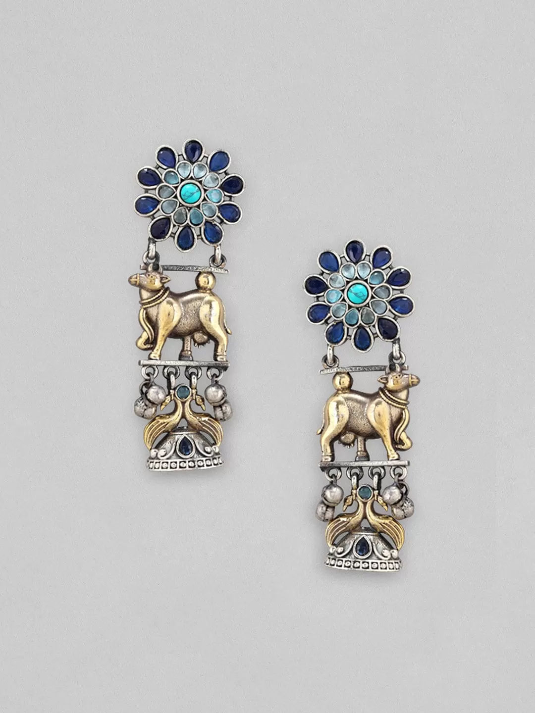 Rubans Dual Toned Drop Earrings With Animal Motif Design And Stones