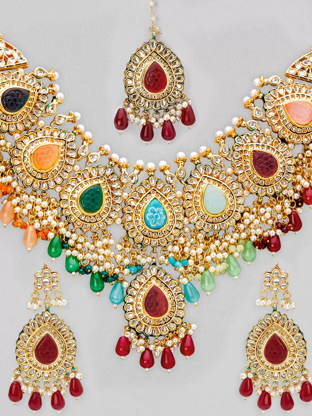 Rubans Gold Plated Kundan Necklace Set With Multicoloured Stones