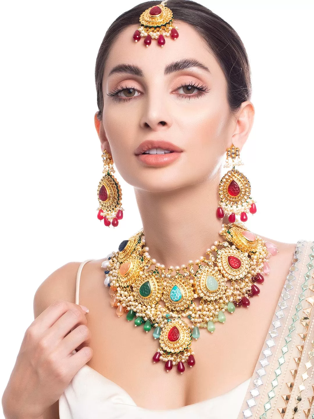 Rubans Gold Plated Kundan Necklace Set With Multicoloured Stones