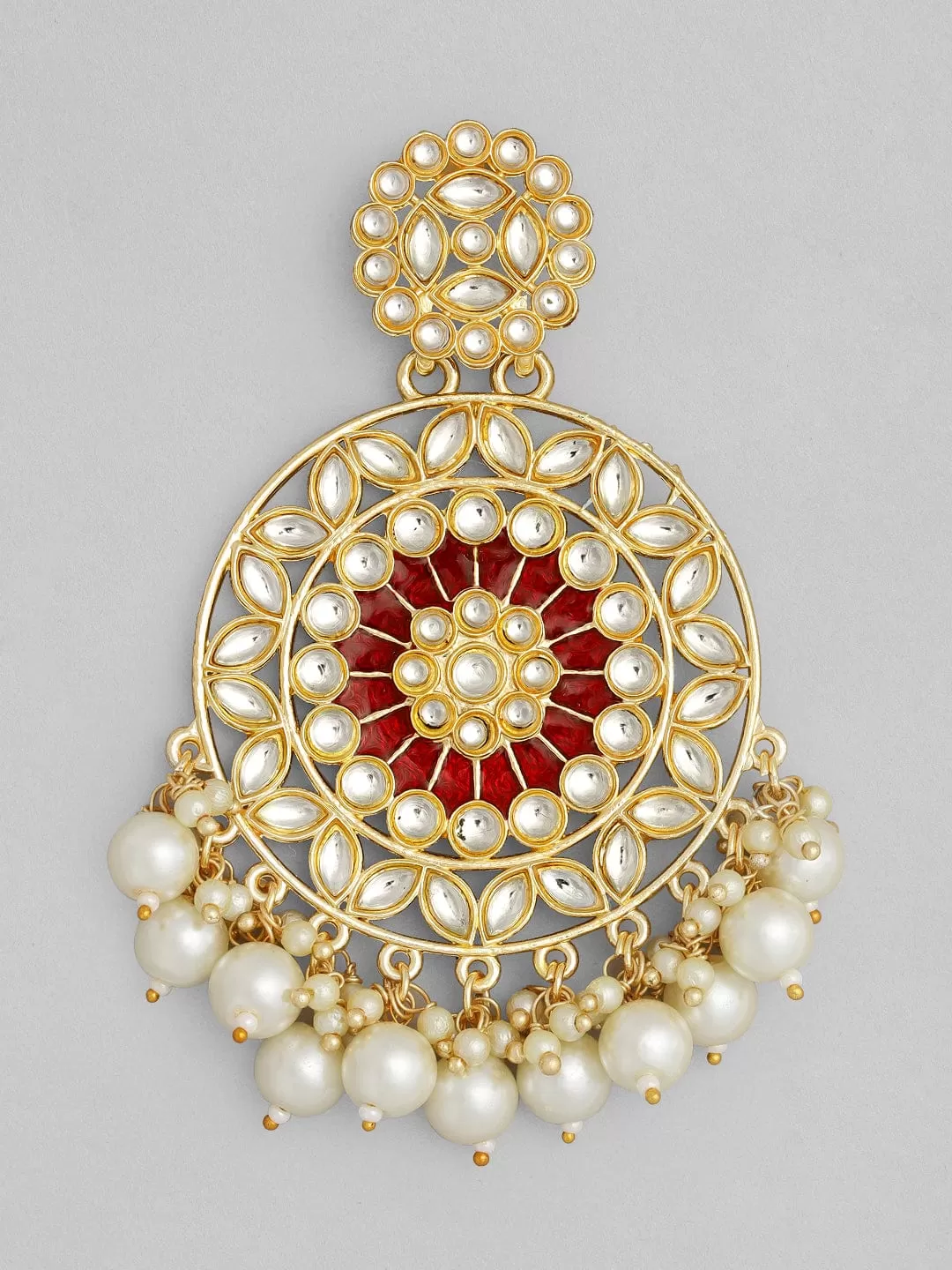 Rubans Red Gold-Plated Kundan Studded  Beaded Handcrafted Drop Earrings