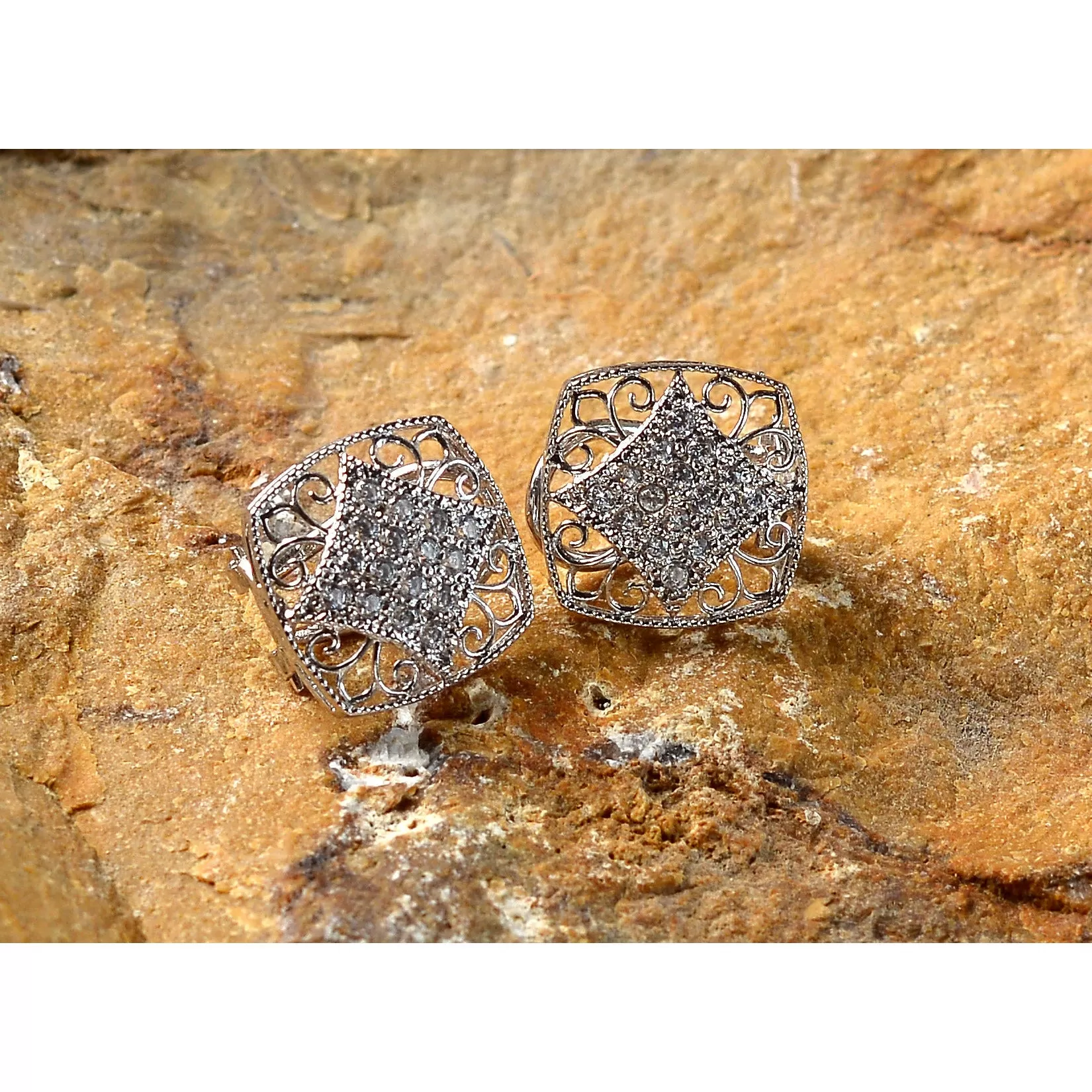 Saqafat Square Earrings with Crystal Centre (925 Sterling Silver)