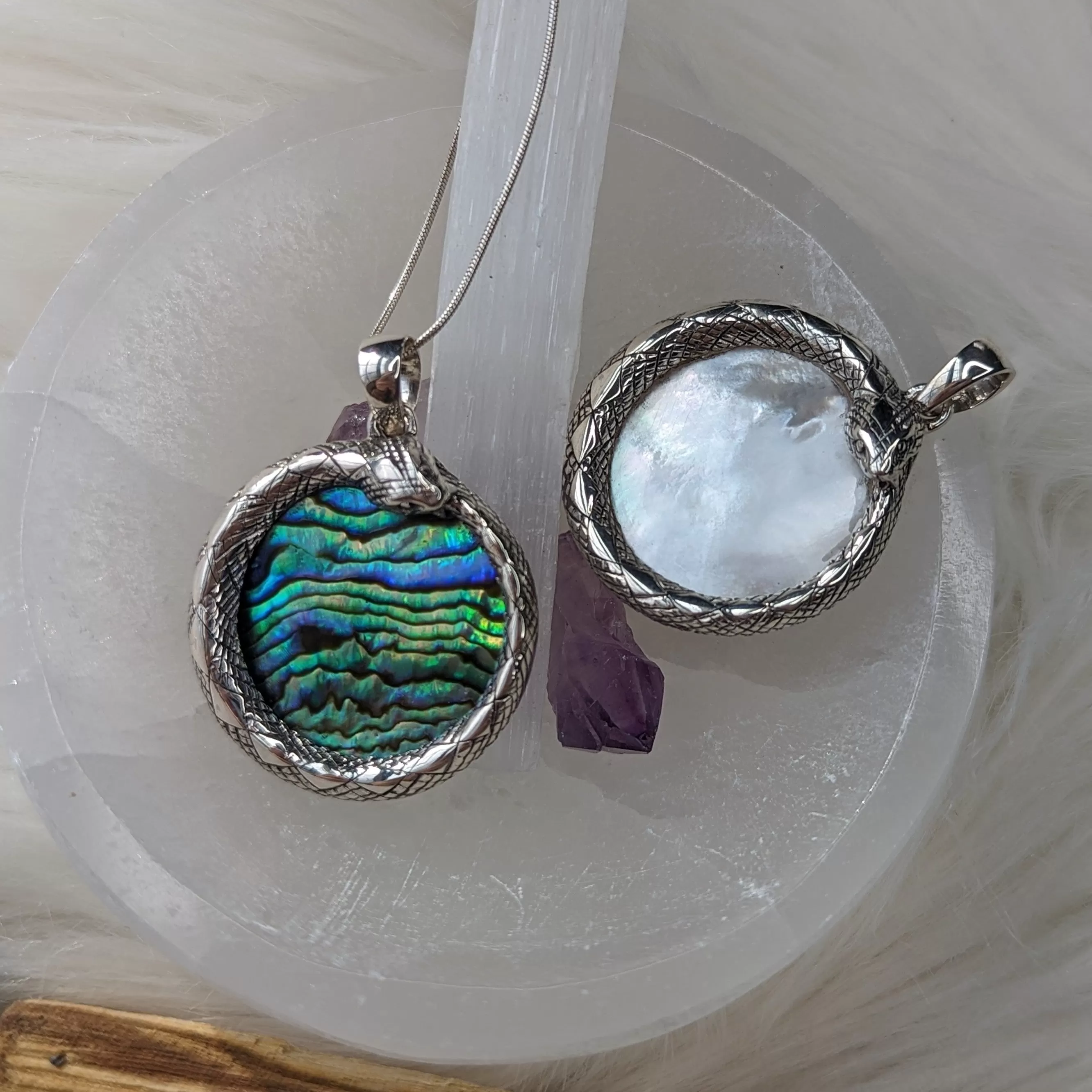 Serpent Abalone Sterling Silver Pendant ~ Silver Chain Included ~ Natural Abalone or Mother of Pearl