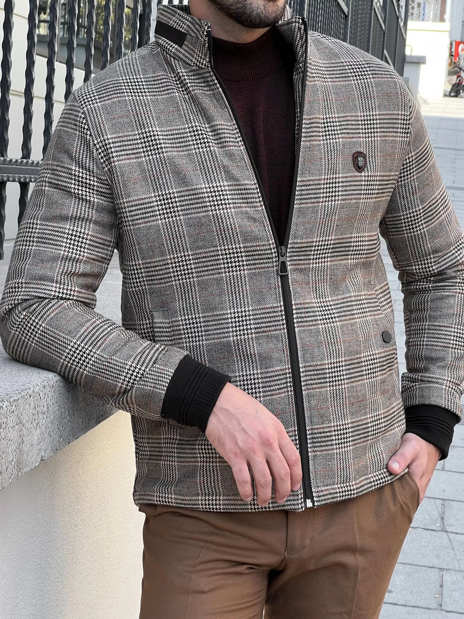 Side Pocket Plaid Wool Beige Coat