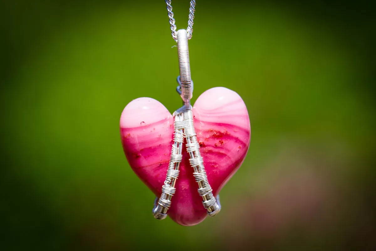 Silver Wire Wrapped Glass Heart with Cremation Ashes