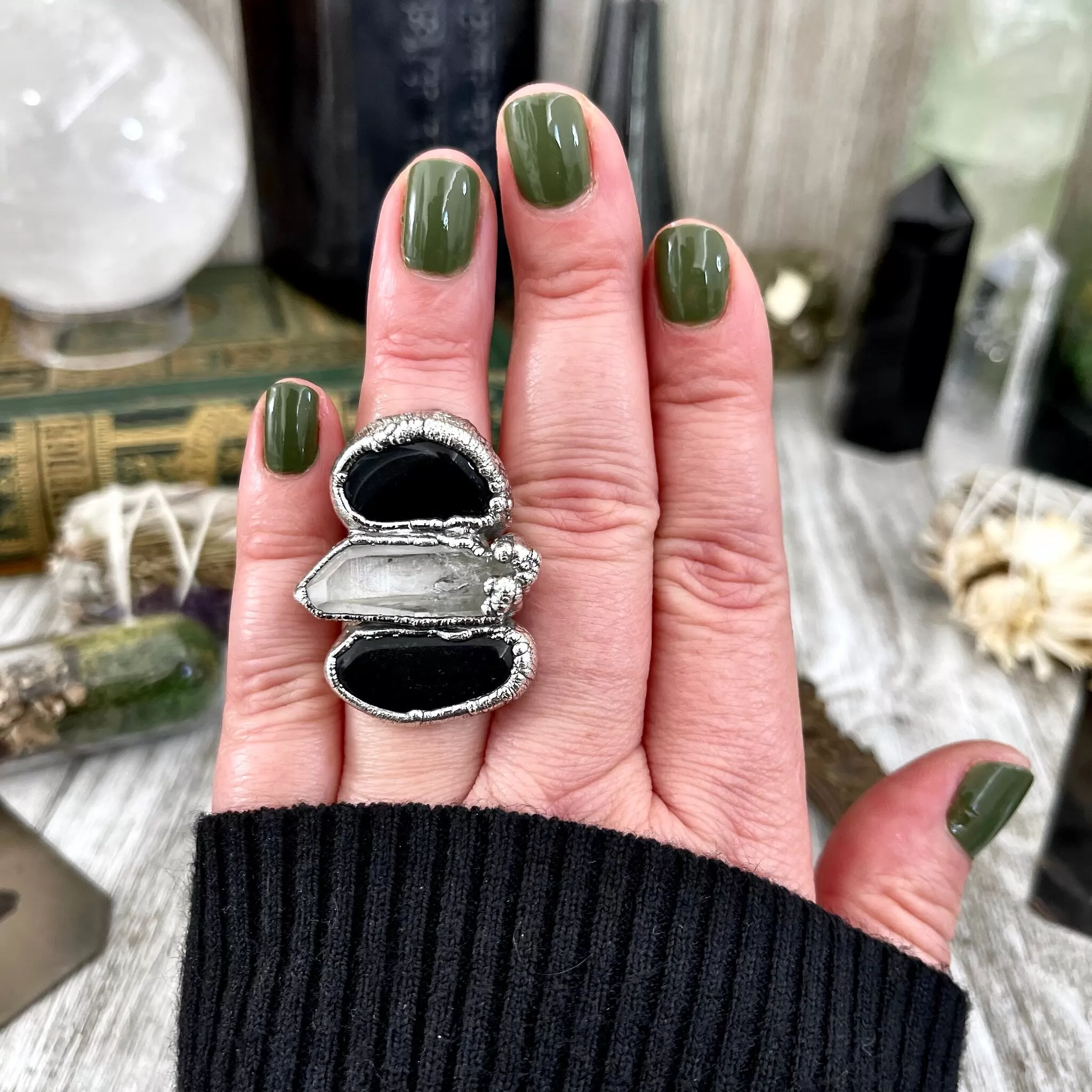 Size 6.5 Crystal Ring - Three Stone Ring Black Onyx & Clear Quartz Silver Ring / Foxlark Collection - One of a Kind