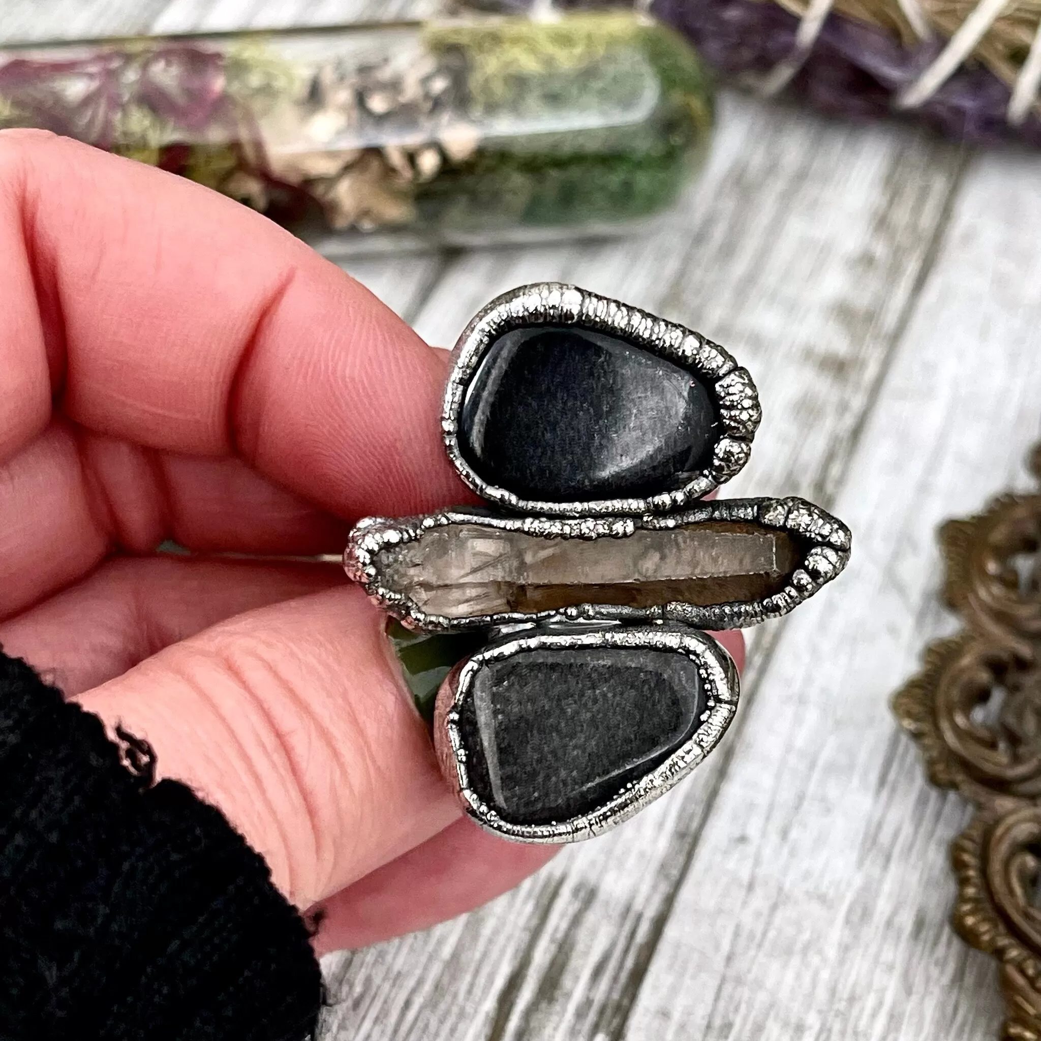 Size 7.5 Crystal Ring - Three Stone Black Onyx Raw Smokey Quartz Silver Sheen Obsidian Ring in Silver / Foxlark Collection - One of a Kind