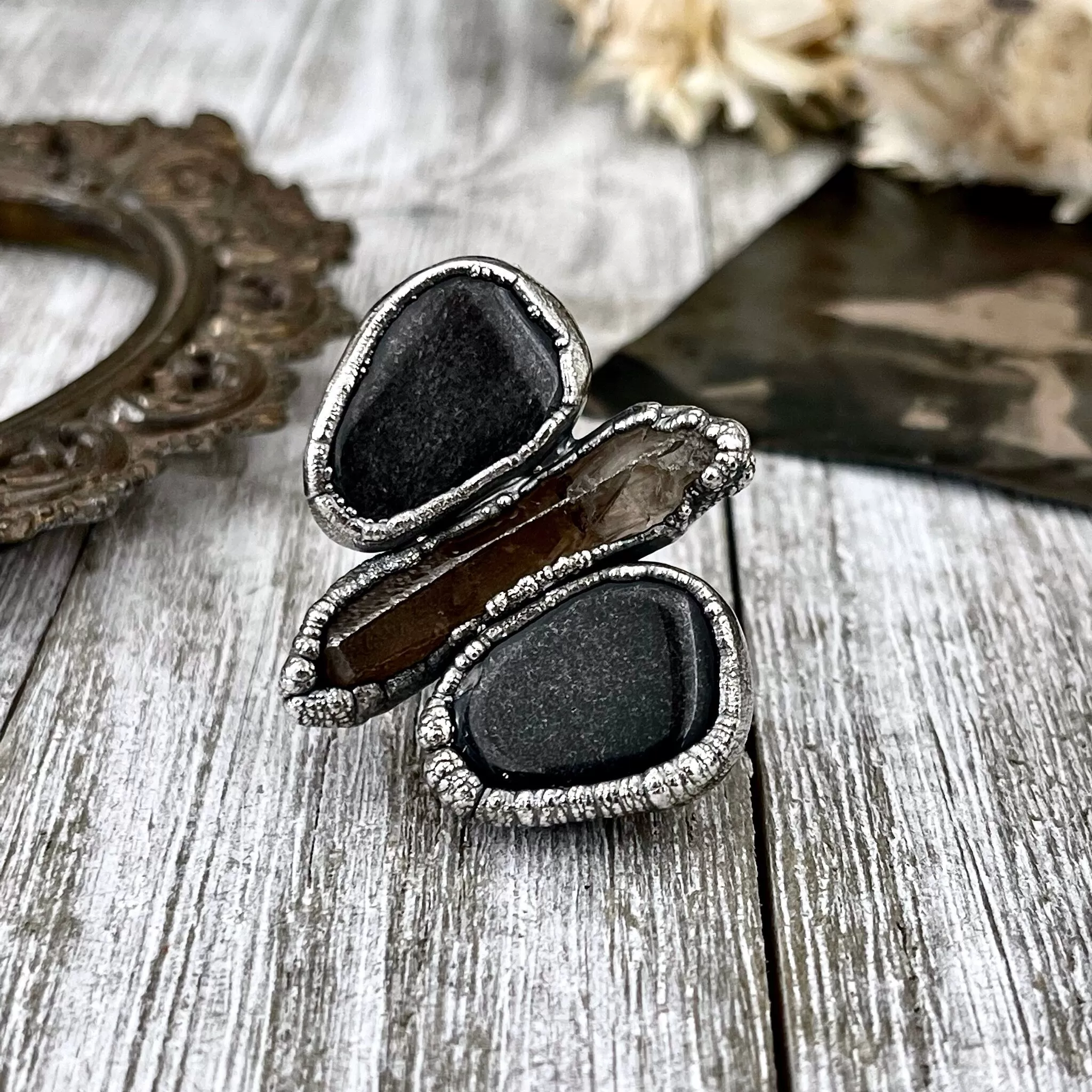 Size 7.5 Crystal Ring - Three Stone Black Onyx Raw Smokey Quartz Silver Sheen Obsidian Ring in Silver / Foxlark Collection - One of a Kind