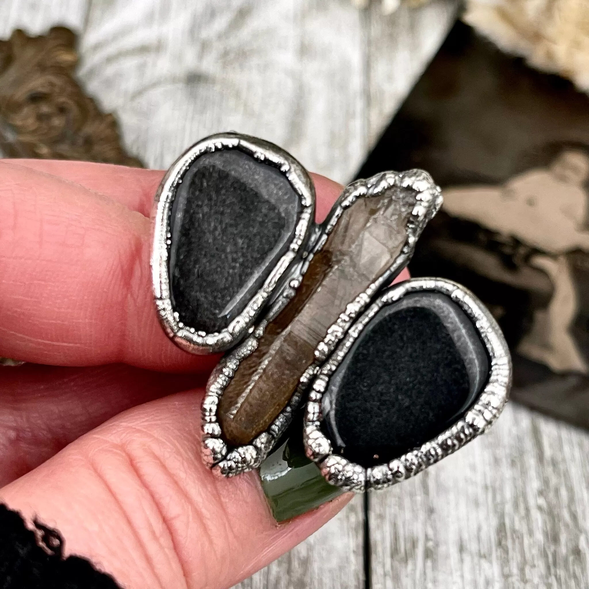 Size 7.5 Crystal Ring - Three Stone Black Onyx Raw Smokey Quartz Silver Sheen Obsidian Ring in Silver / Foxlark Collection - One of a Kind