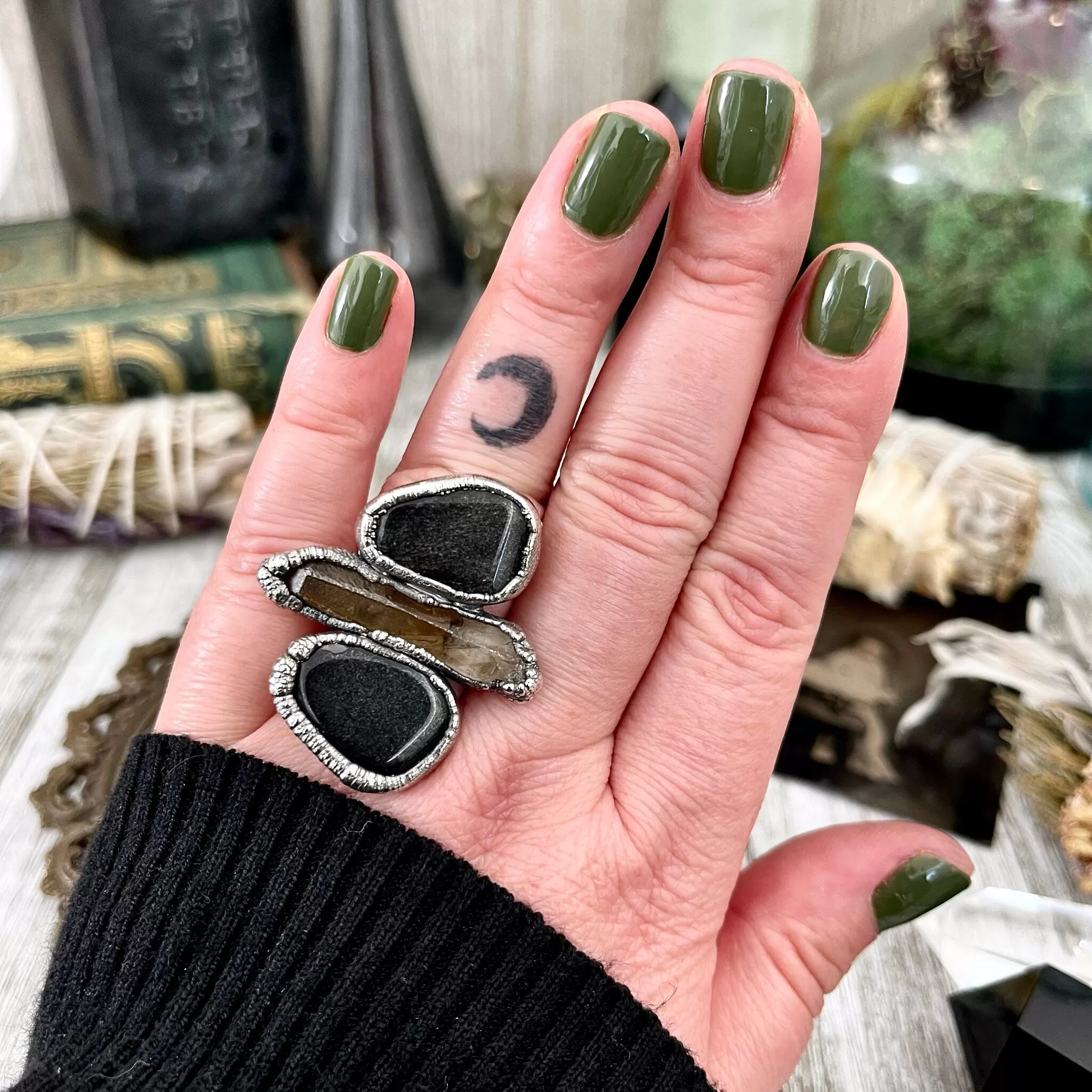 Size 7.5 Crystal Ring - Three Stone Black Onyx Raw Smokey Quartz Silver Sheen Obsidian Ring in Silver / Foxlark Collection - One of a Kind