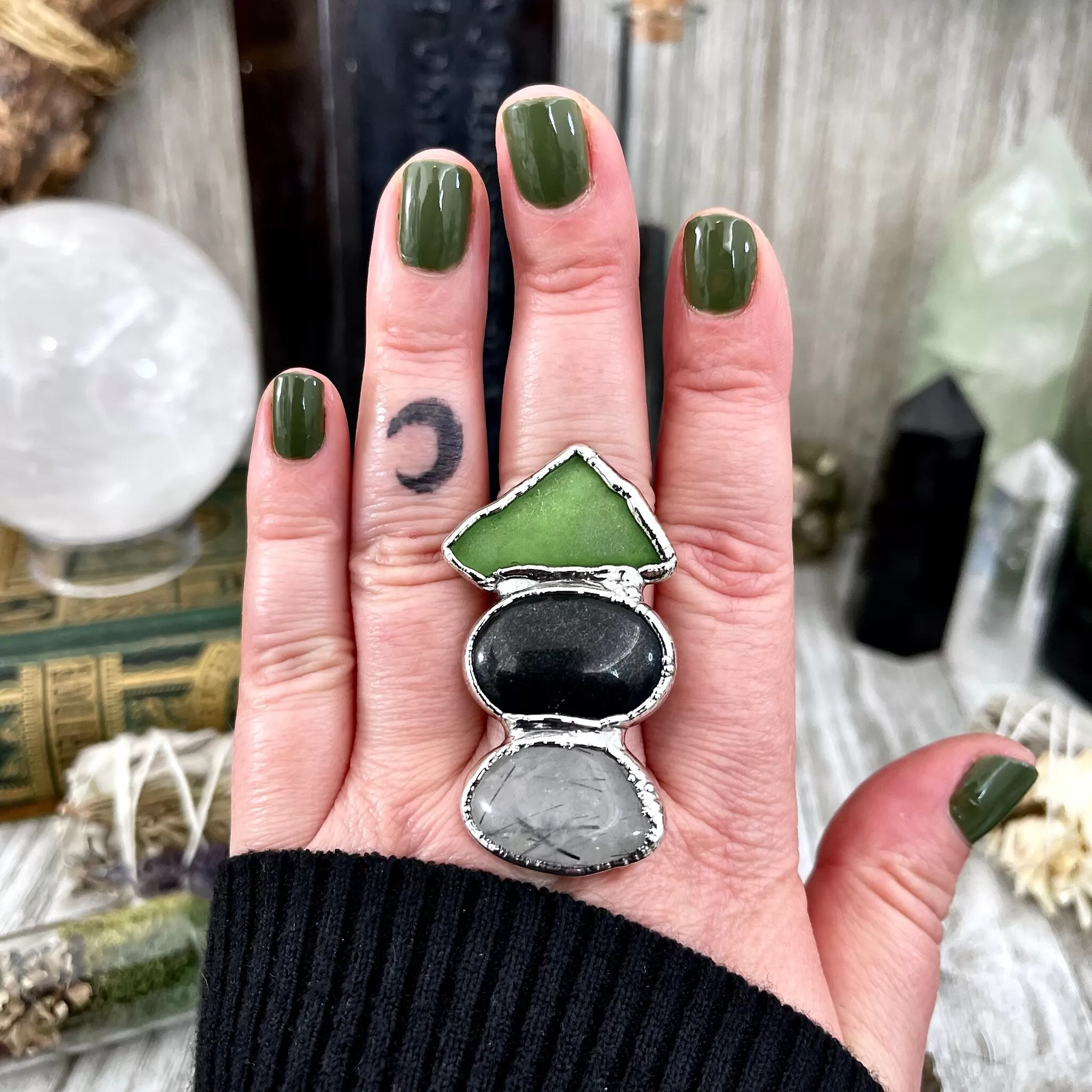 Size 8 Crystal Ring - Three Stone Black Onyx Sea Glass Tourmaline Quartz Ring Sliver / Foxlark Collection - One of a Kind