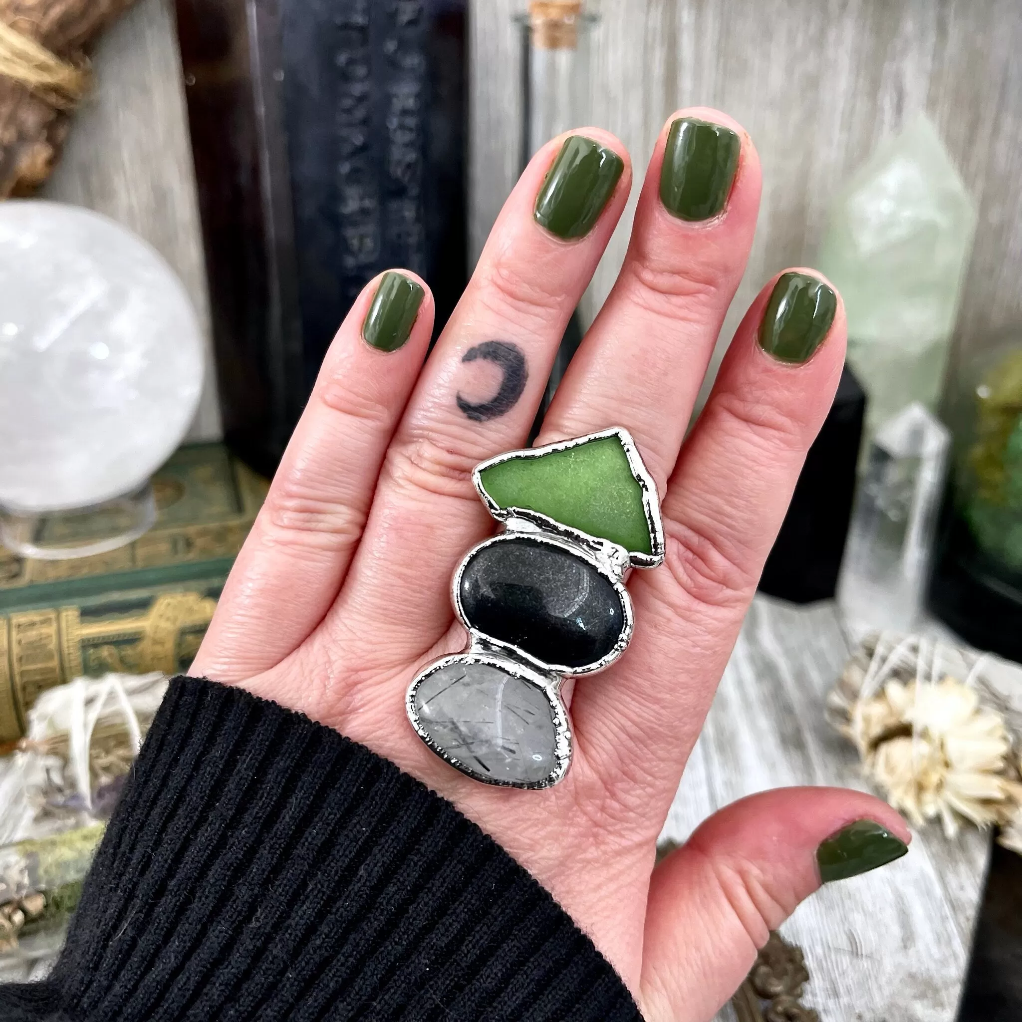 Size 8 Crystal Ring - Three Stone Black Onyx Sea Glass Tourmaline Quartz Ring Sliver / Foxlark Collection - One of a Kind