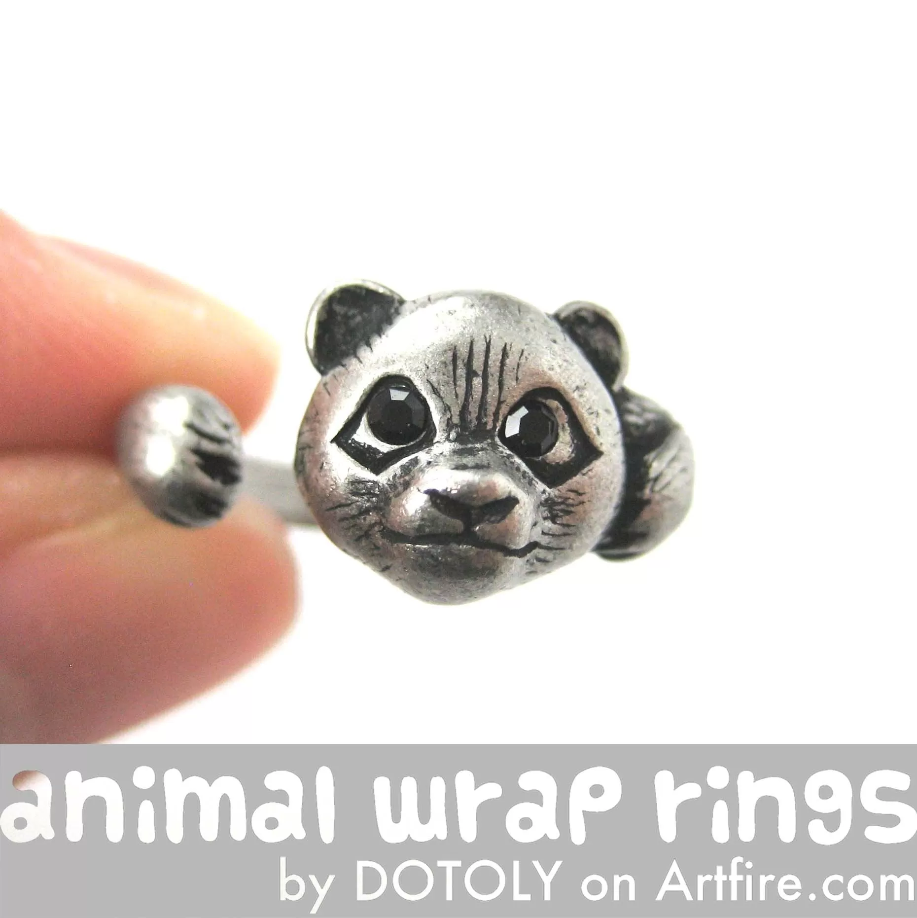 Small Panda Bear Animal Wrap Hug Ring in Silver - Size 4 to 8.5 Available