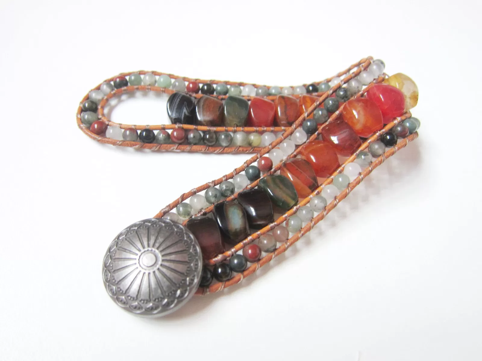 Southwest Red Tangerine Brown Onyx, Bloodstone Leather 3X Row Cuff Wrap Bracelet