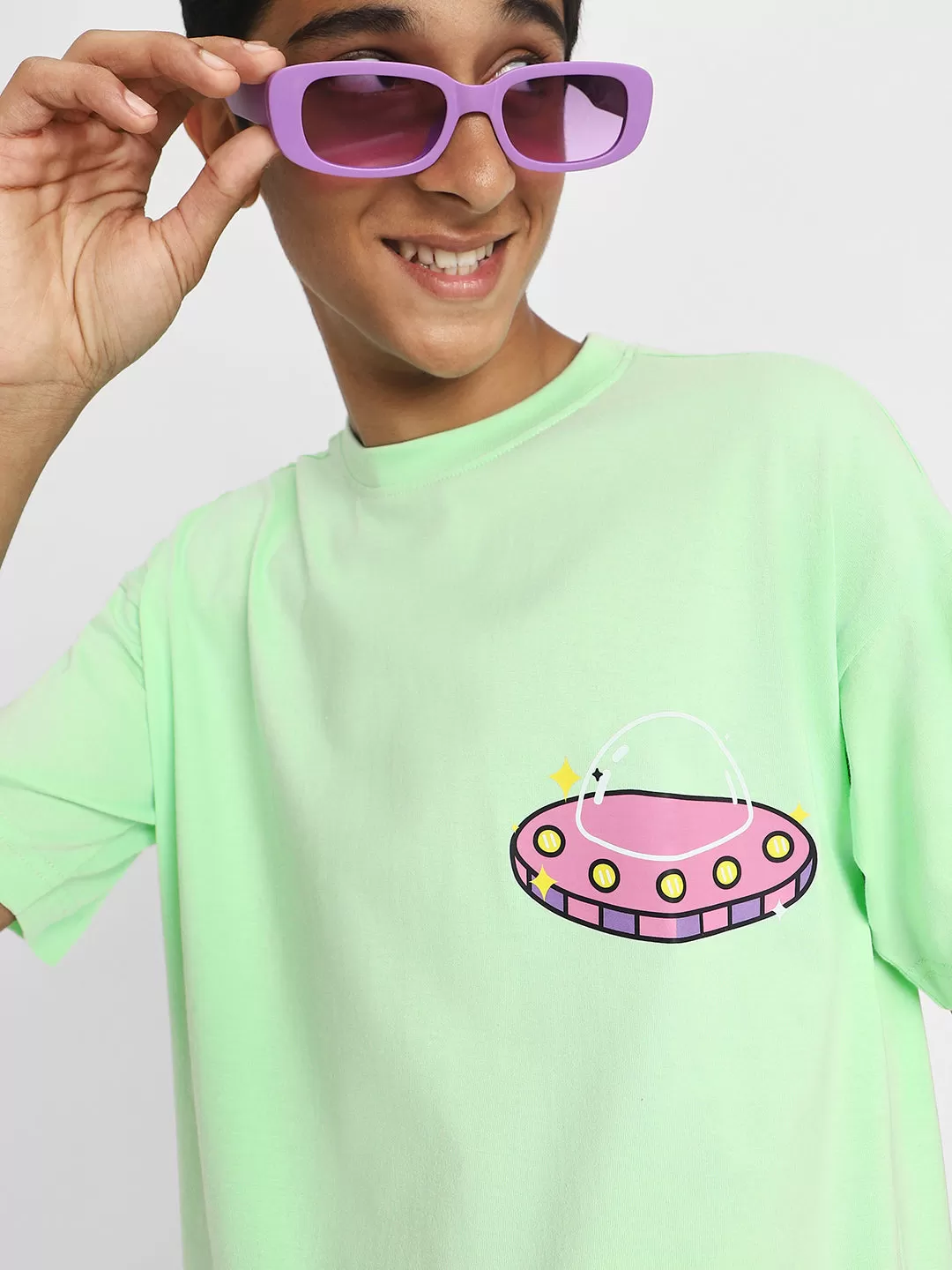 Spaceship Green Oversized Graphic Pocket Printed Boys T-shirt