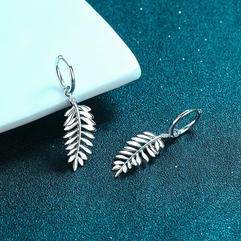 Sterling Silver Leaf Hoop Moissanite Earrings