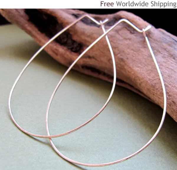 Sterling Silver Teardrop Hoops - Modern Hoop Earrings - Large Tear Drop Hammered Hoops - Geometric Jewelry - Teardrop Earrings / Fashion