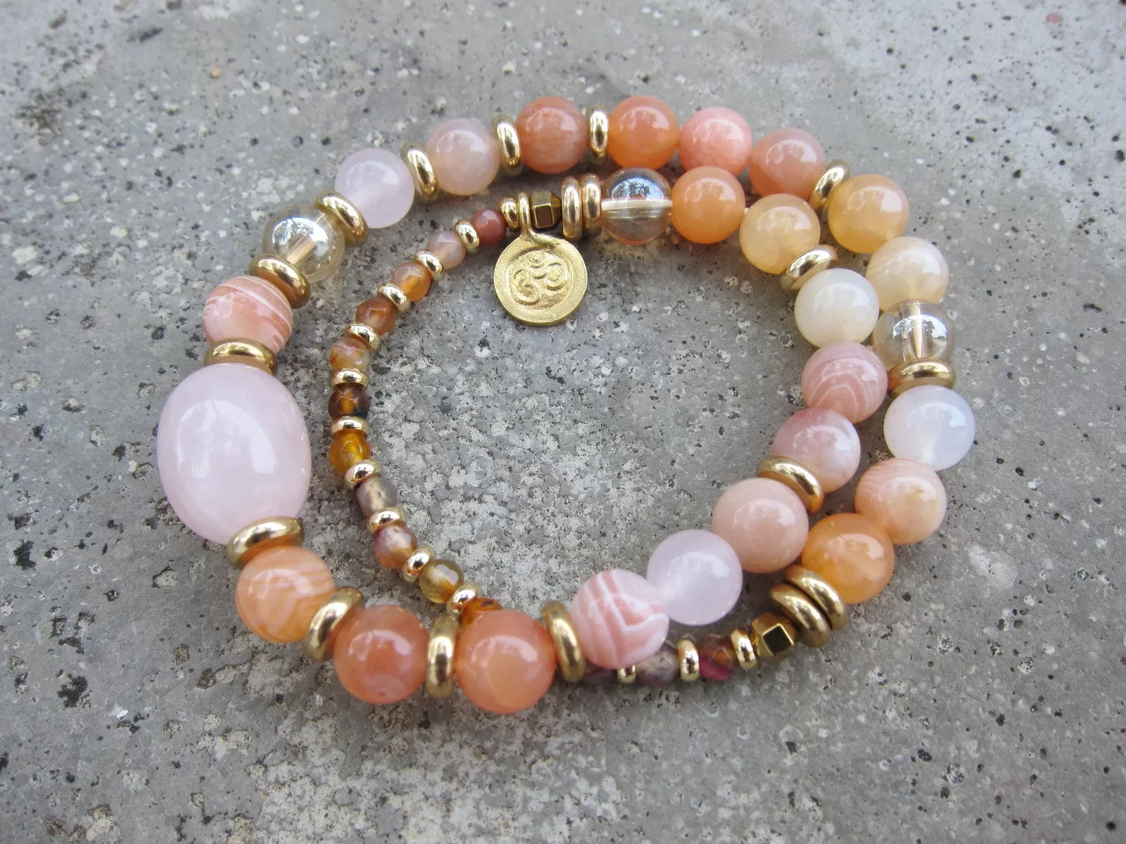 Sunstone, Pink Rose Quartz, Pink Moroccan Agate Mala Bracelet in 27 Beads w/ 24 Gold Filled OM Charm