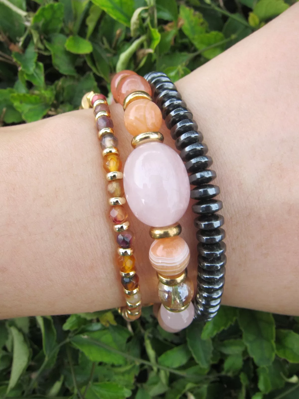 Sunstone, Pink Rose Quartz, Pink Moroccan Agate Mala Bracelet in 27 Beads w/ 24 Gold Filled OM Charm