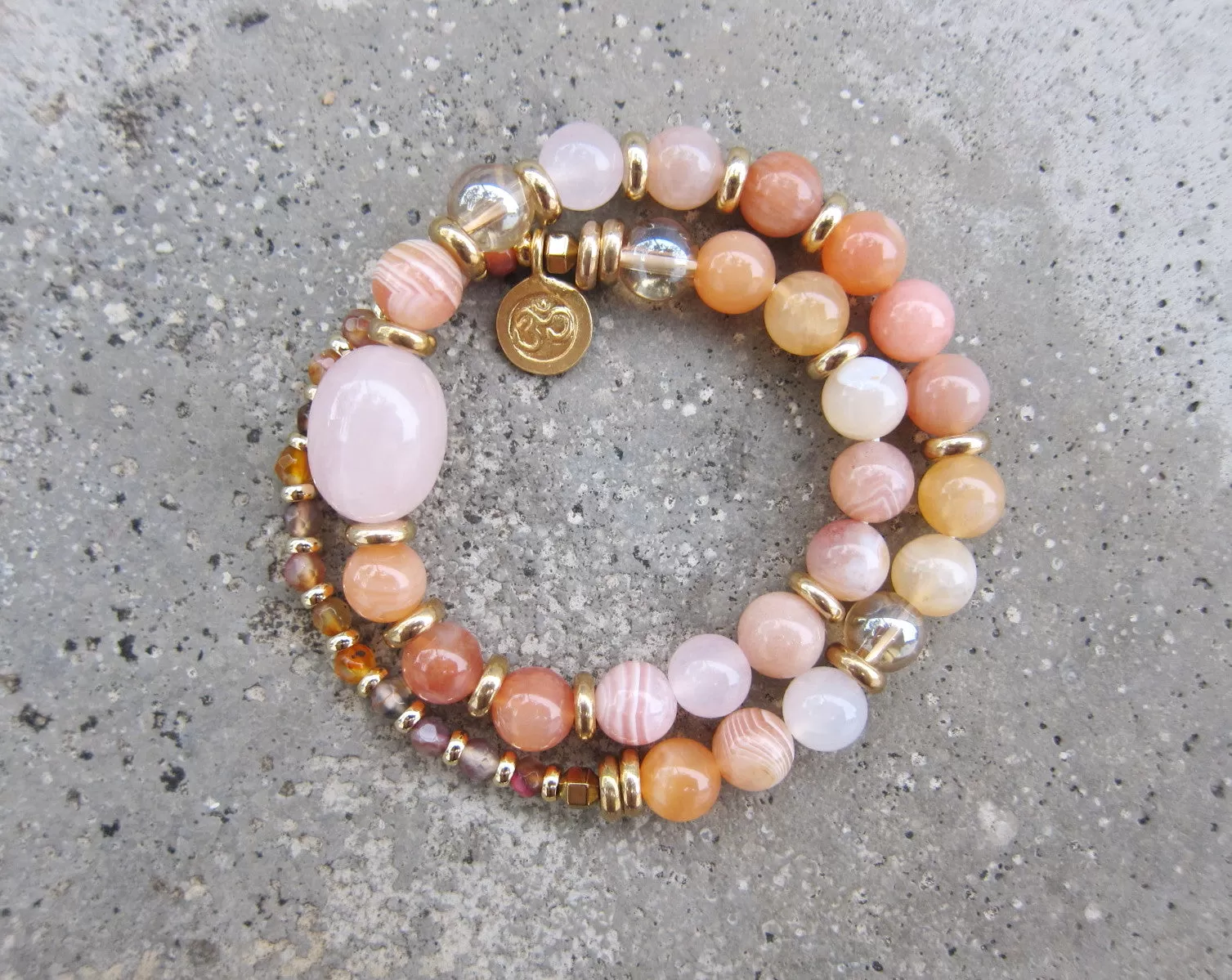 Sunstone, Pink Rose Quartz, Pink Moroccan Agate Mala Bracelet in 27 Beads w/ 24 Gold Filled OM Charm