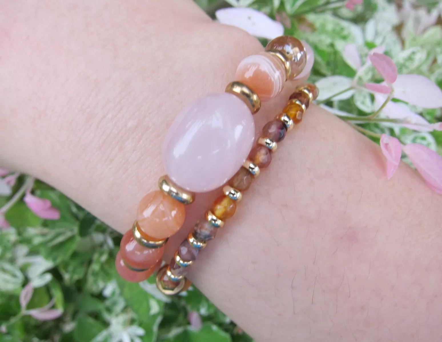 Sunstone, Pink Rose Quartz, Pink Moroccan Agate Mala Bracelet in 27 Beads w/ 24 Gold Filled OM Charm