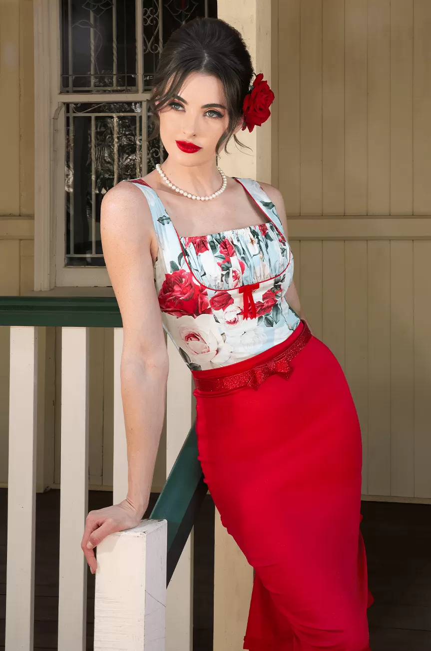 Tea Rose Wiggle Skirt (Red)