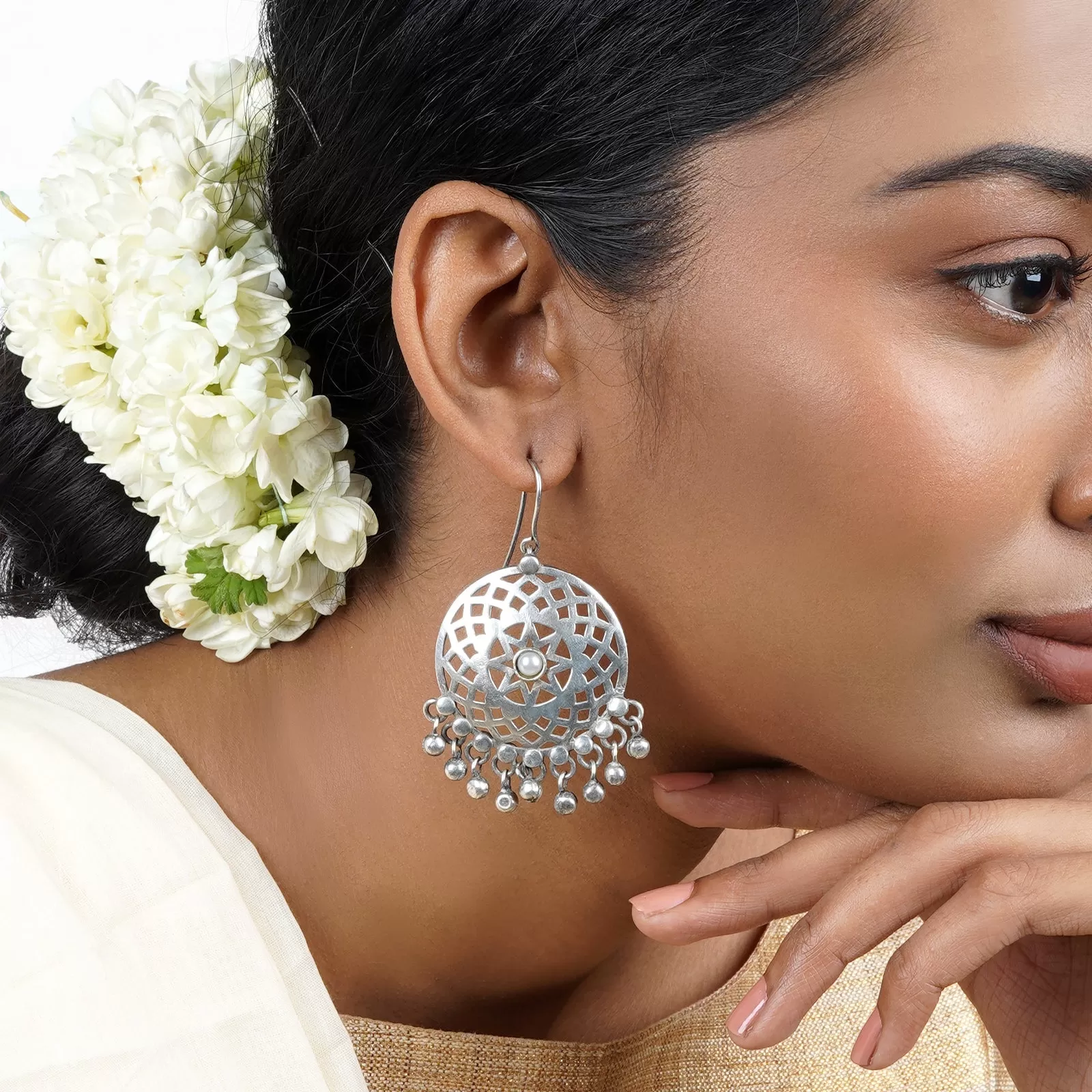 Teejh Siranshi Pearl Silver Oxidised Ghungroo Earrings