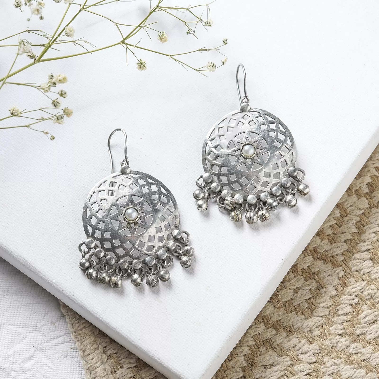 Teejh Siranshi Pearl Silver Oxidised Ghungroo Earrings