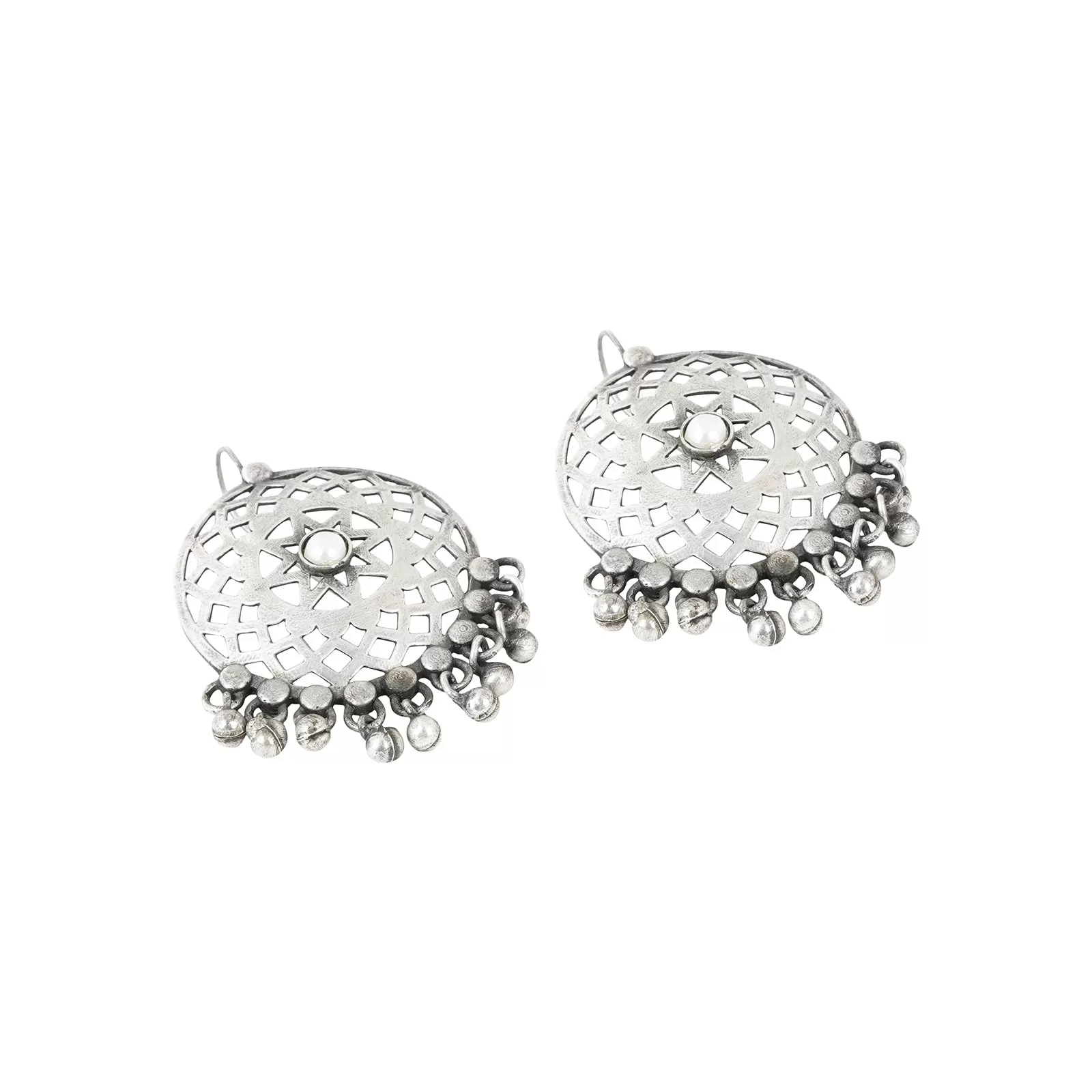 Teejh Siranshi Pearl Silver Oxidised Ghungroo Earrings