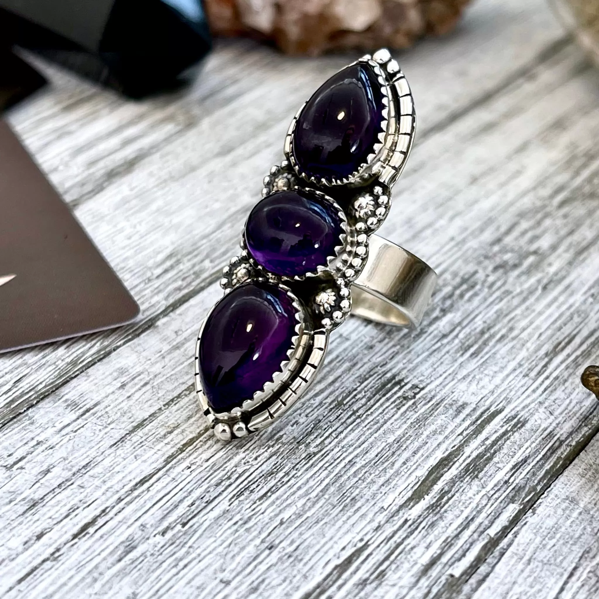 Three Stone Purple Amethyst Crystal Ring in Solid Sterling Silver- Designed by FOXLARK Collection Size Adjustable to -6 7 8 9 10