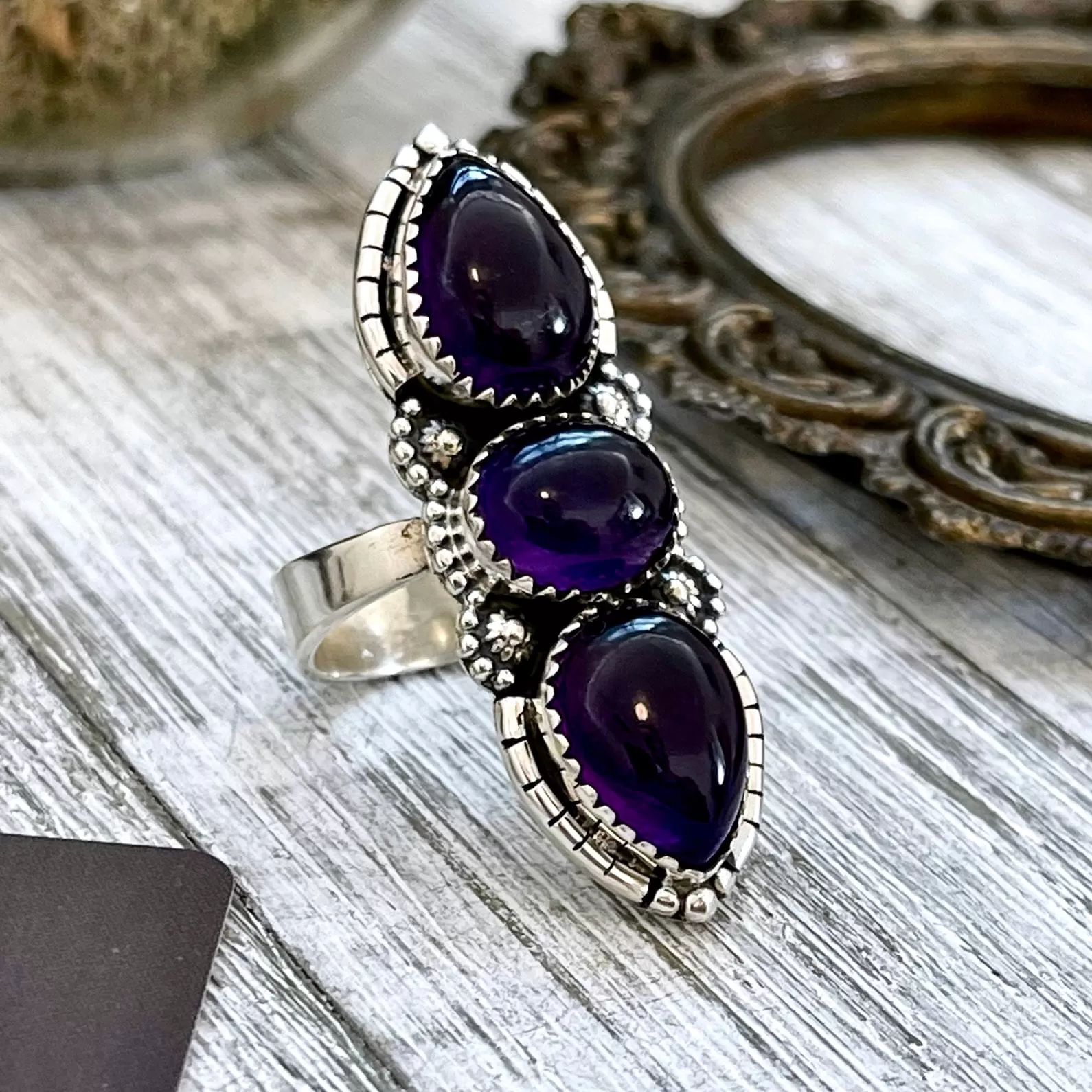 Three Stone Purple Amethyst Crystal Ring in Solid Sterling Silver- Designed by FOXLARK Collection Size Adjustable to -6 7 8 9 10