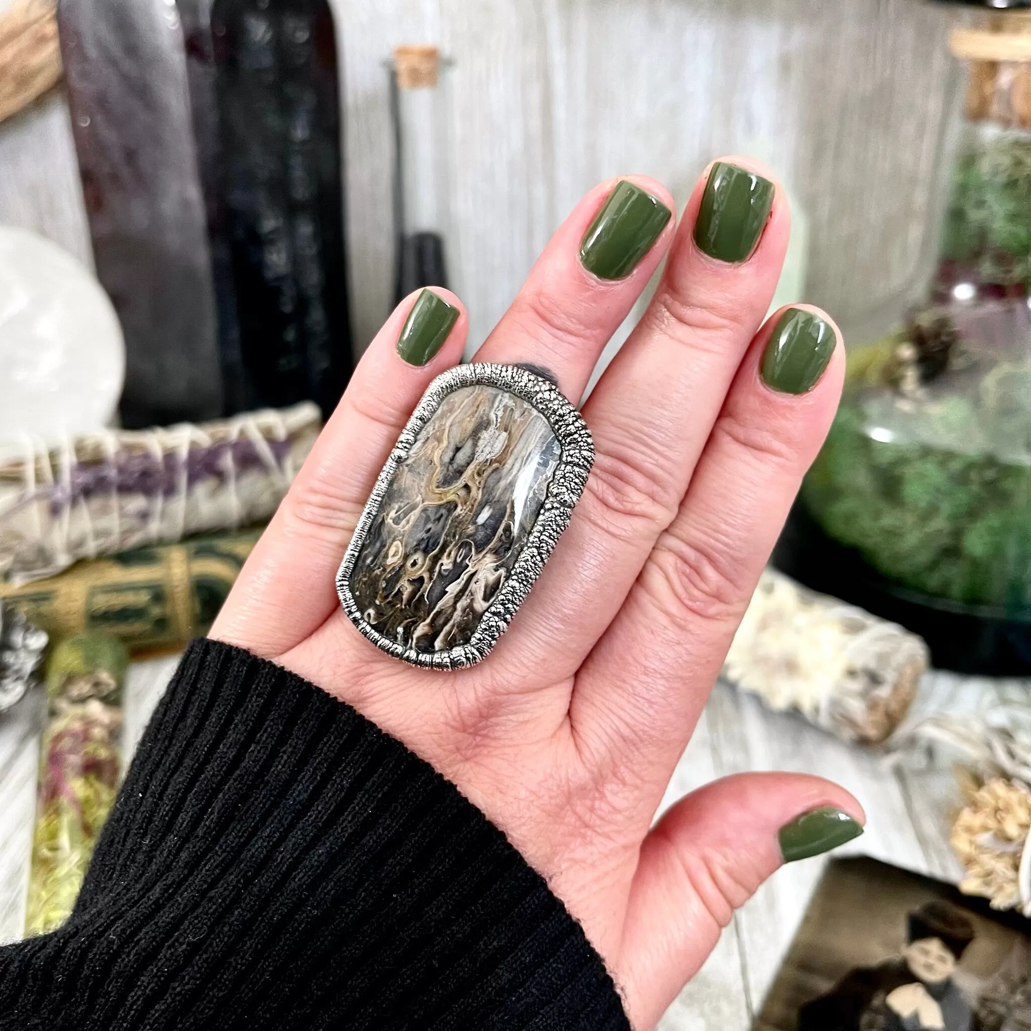 Unique Size 8 Large Fossilized Palm Root Statement Ring in Fine Silver / Foxlark Collection - One of a Kind