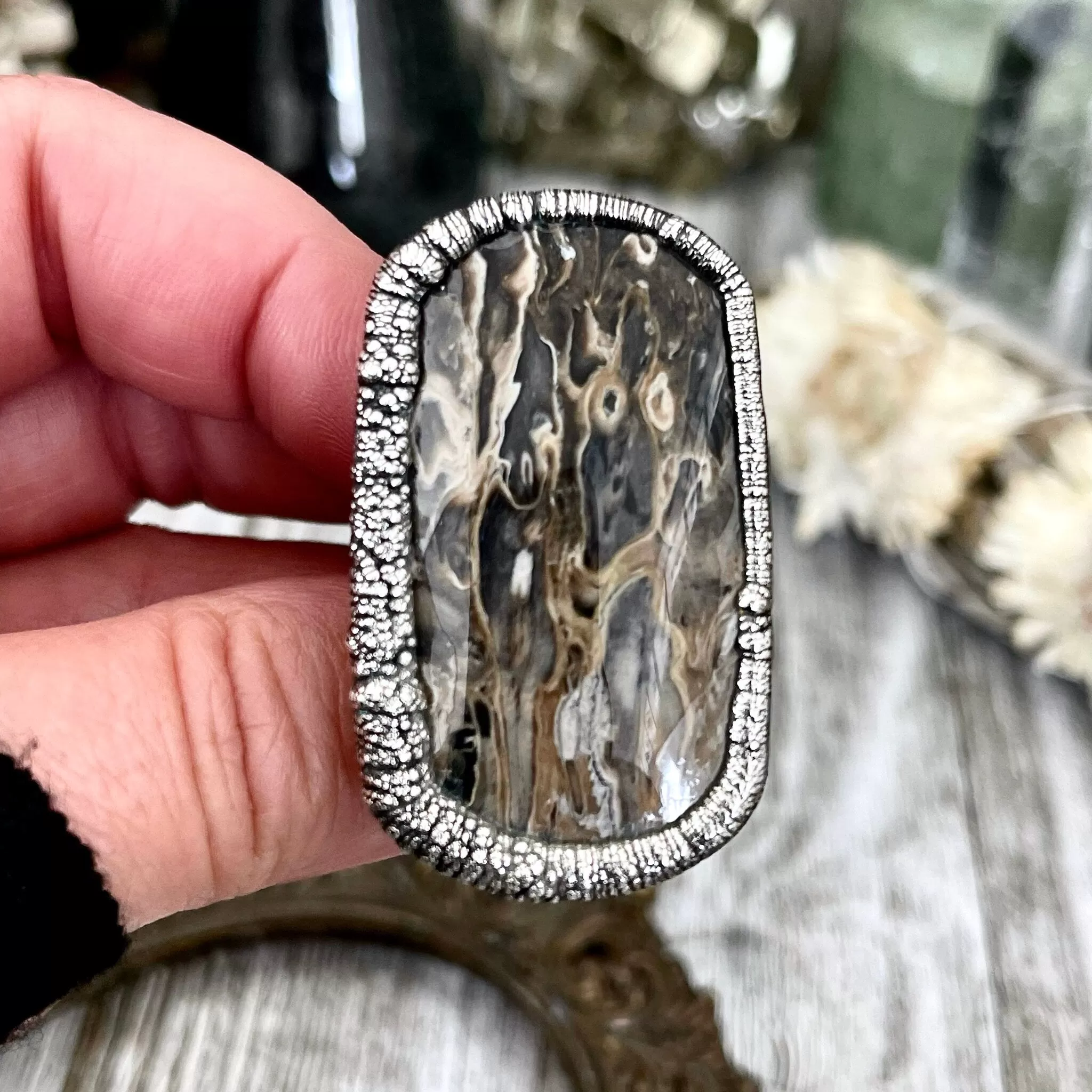 Unique Size 8 Large Fossilized Palm Root Statement Ring in Fine Silver / Foxlark Collection - One of a Kind