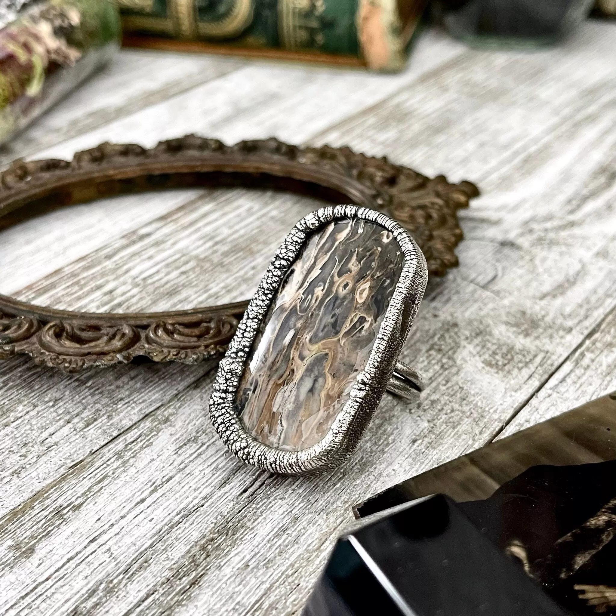 Unique Size 8 Large Fossilized Palm Root Statement Ring in Fine Silver / Foxlark Collection - One of a Kind