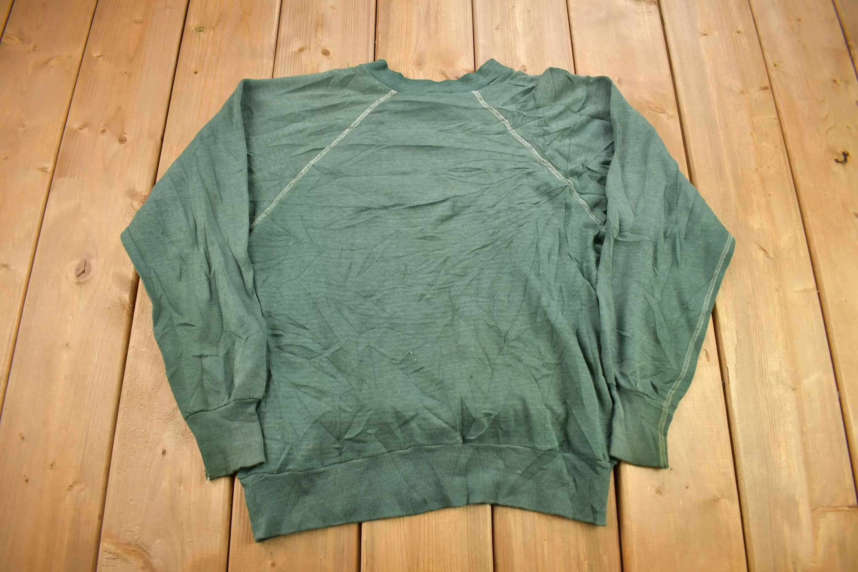 Vintage 1960s Blank Faded Forest Green Crewneck Sweatshirt / 60s Crewneck / Made In USA / True Vintage / Distressed