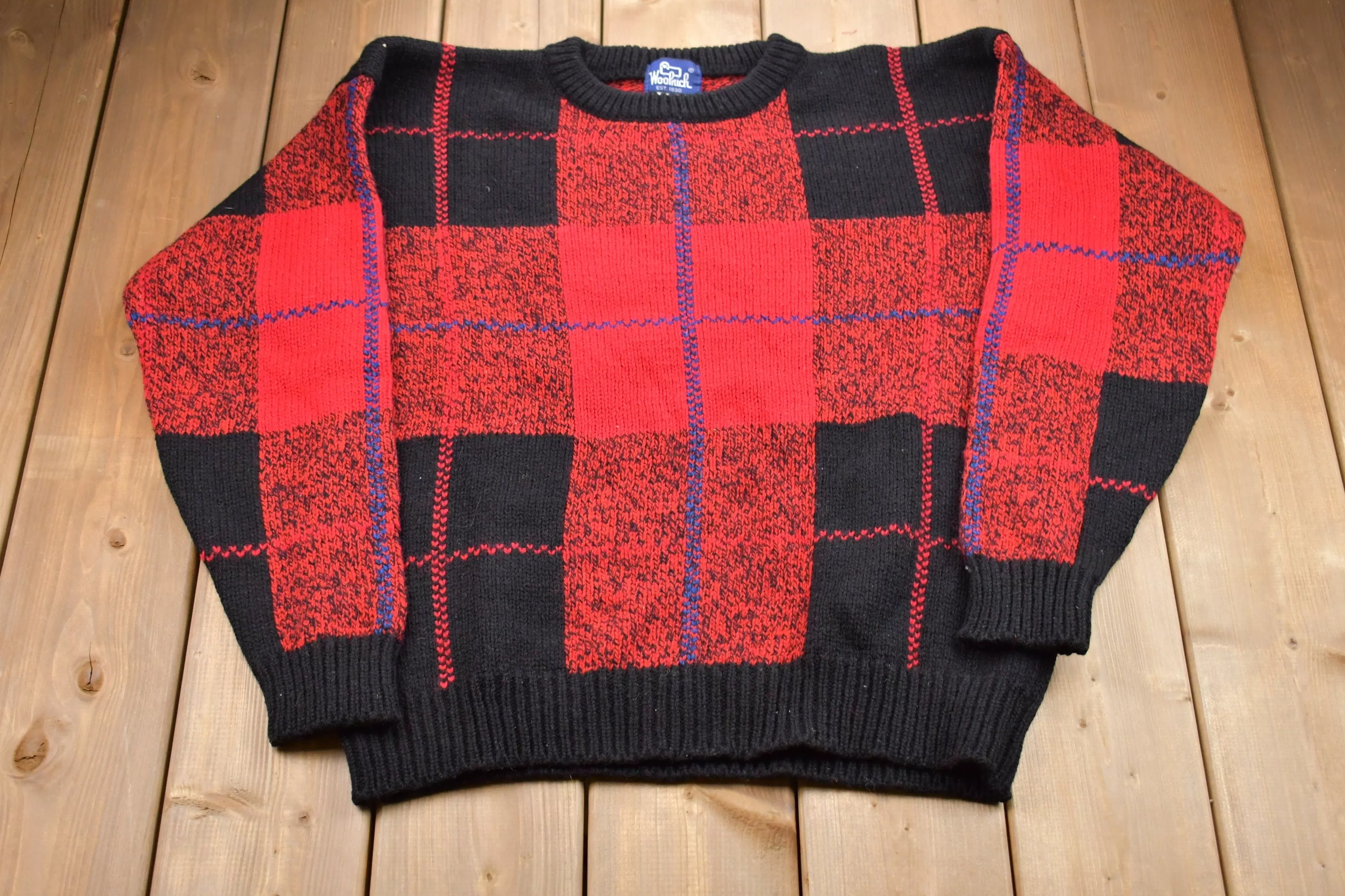 Vintage 1960s Woolrich Plaid Knitted Sweater / Vintage 60s Crewneck / Pattern Sweater / Outdoor / Hand Knit / Pullover Sweatshirt