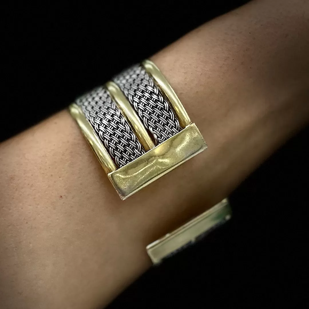 Vintage 925 Sterling Silver and 14K Yellow Gold Weave Cuff Bracelet